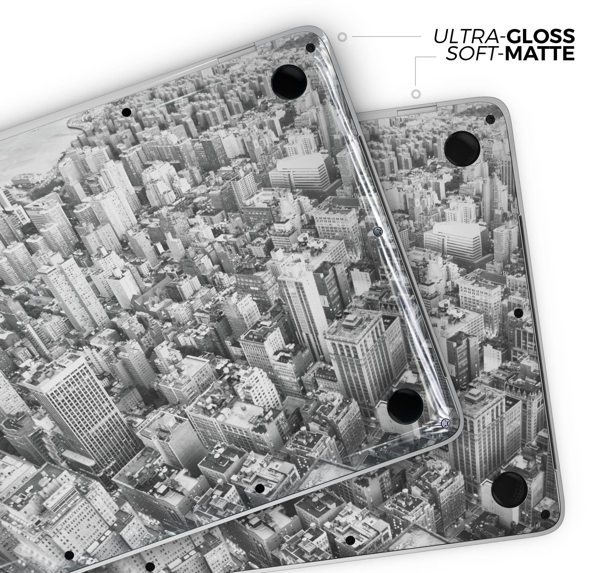 Aerial CityScape Black and White skin decal wrap kit for MacBook, showcasing a stylish design and premium vinyl material.