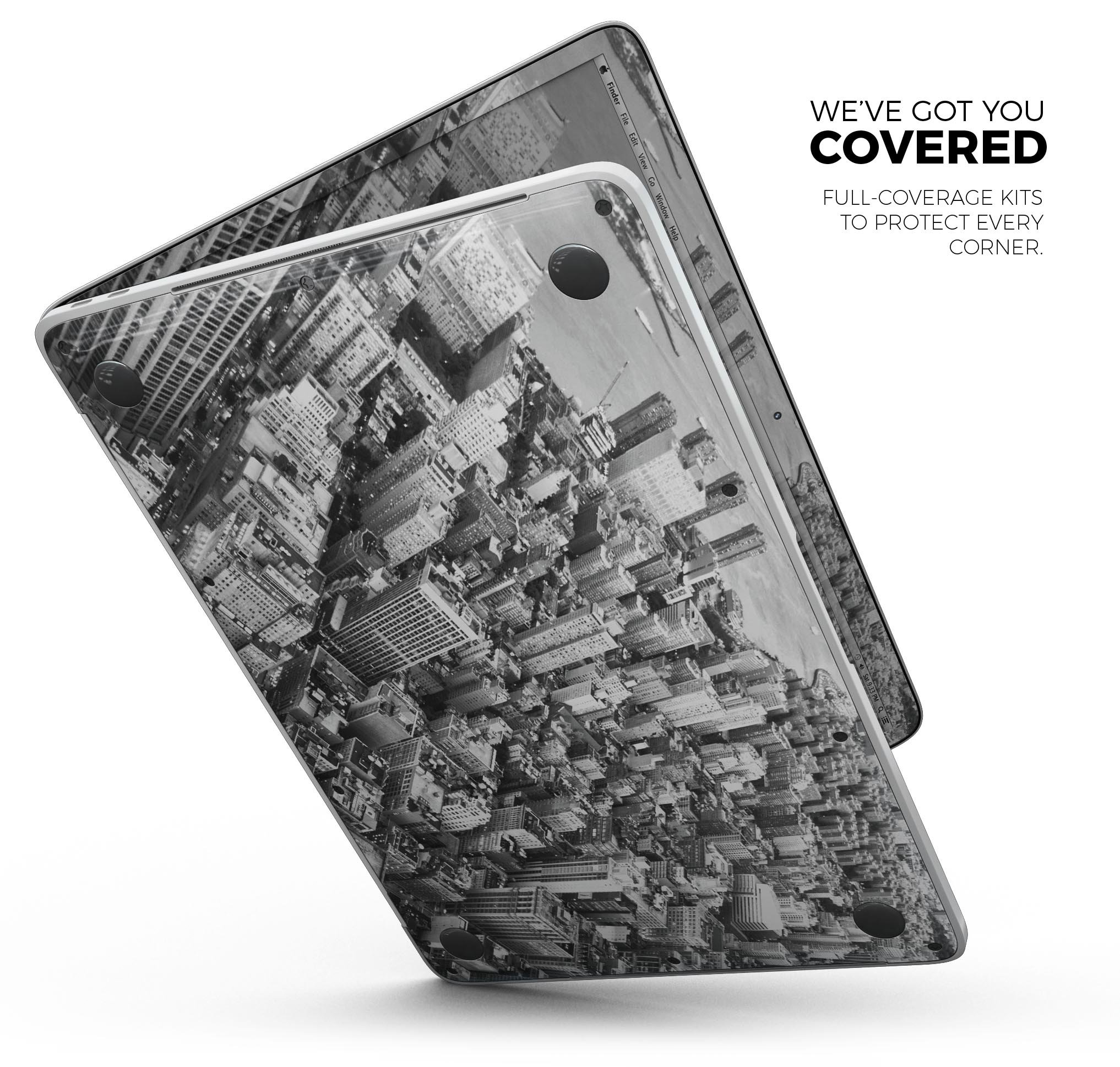 Aerial CityScape Black and White skin decal wrap kit for MacBook, showcasing a stylish design and premium vinyl material.