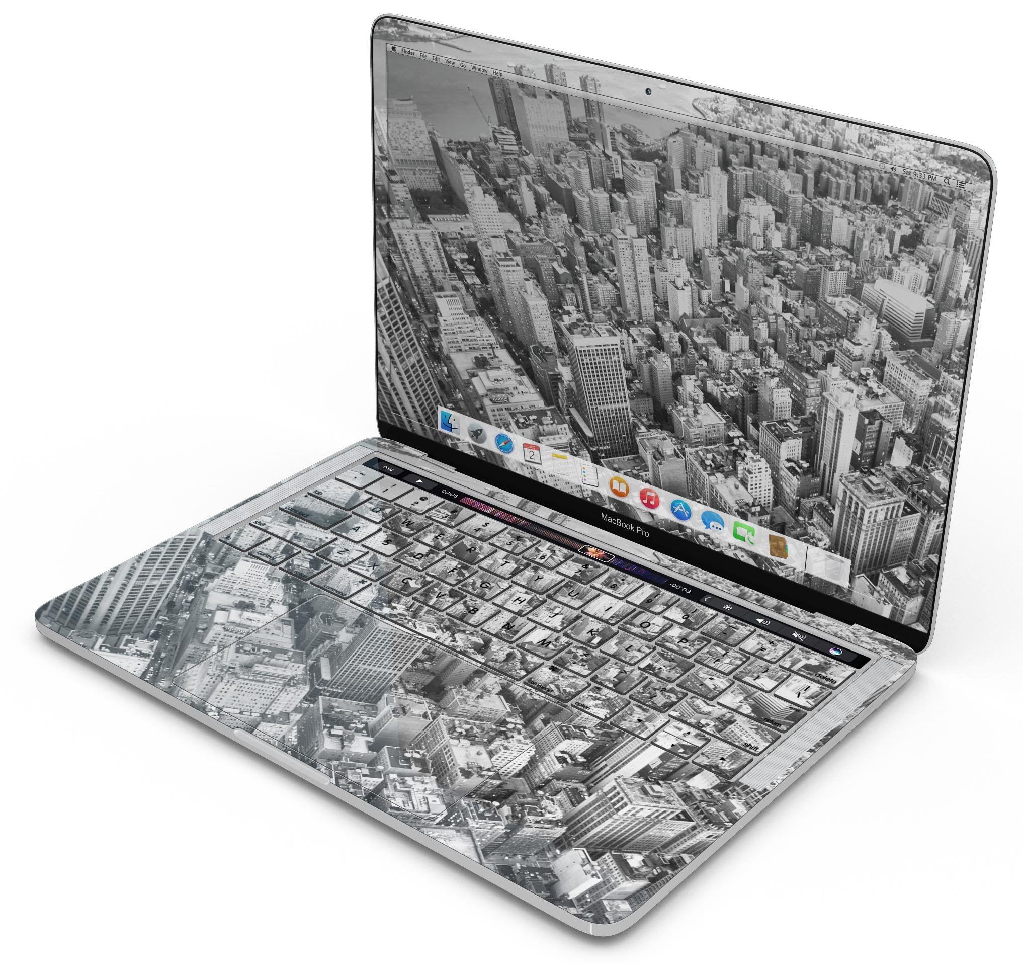 Aerial CityScape Black and White skin decal wrap kit for MacBook, showcasing a stylish design and premium vinyl material.