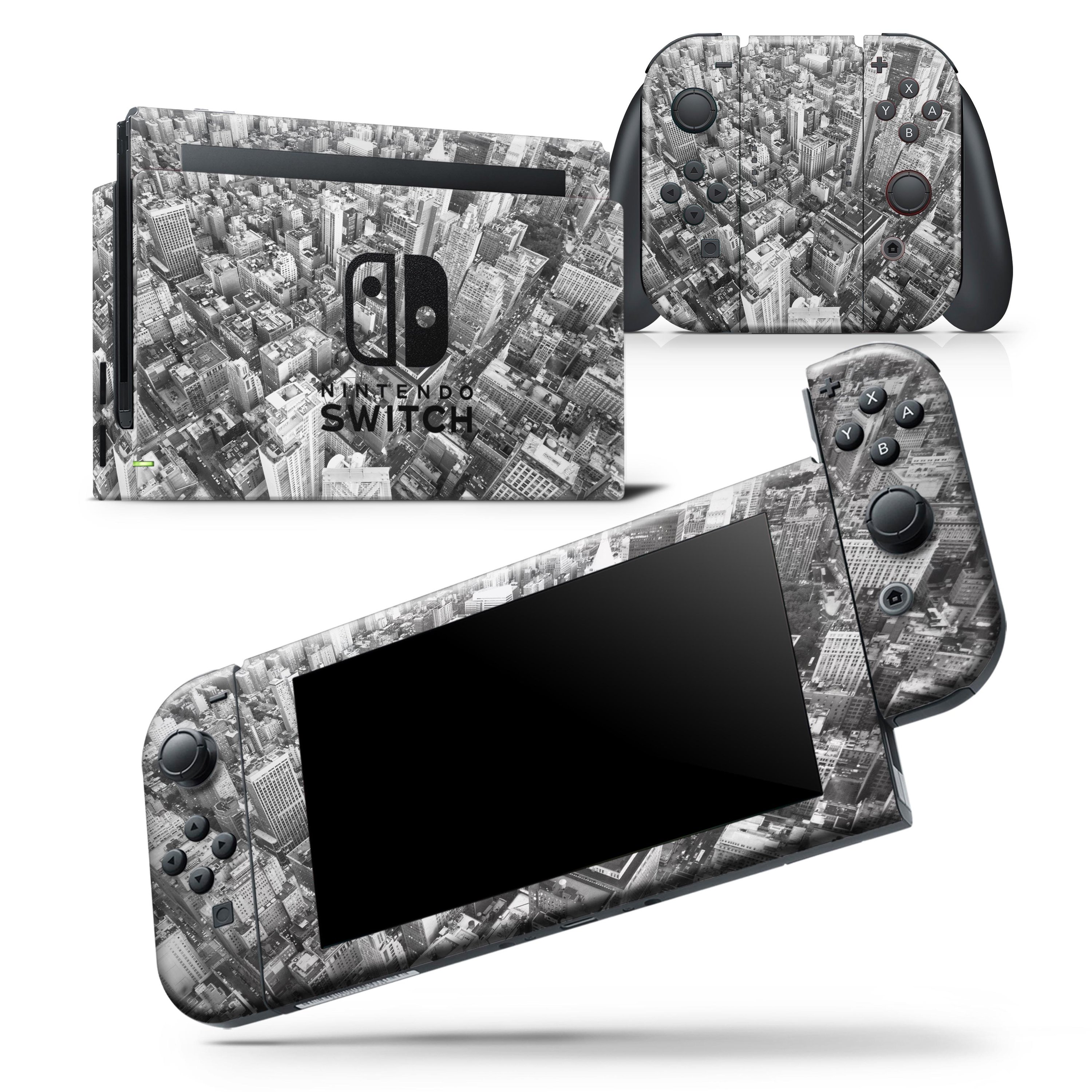 Aerial CityScape Black and White skin wrap decal for Nintendo Switch, showcasing a stylish design that fits the console and controllers perfectly.