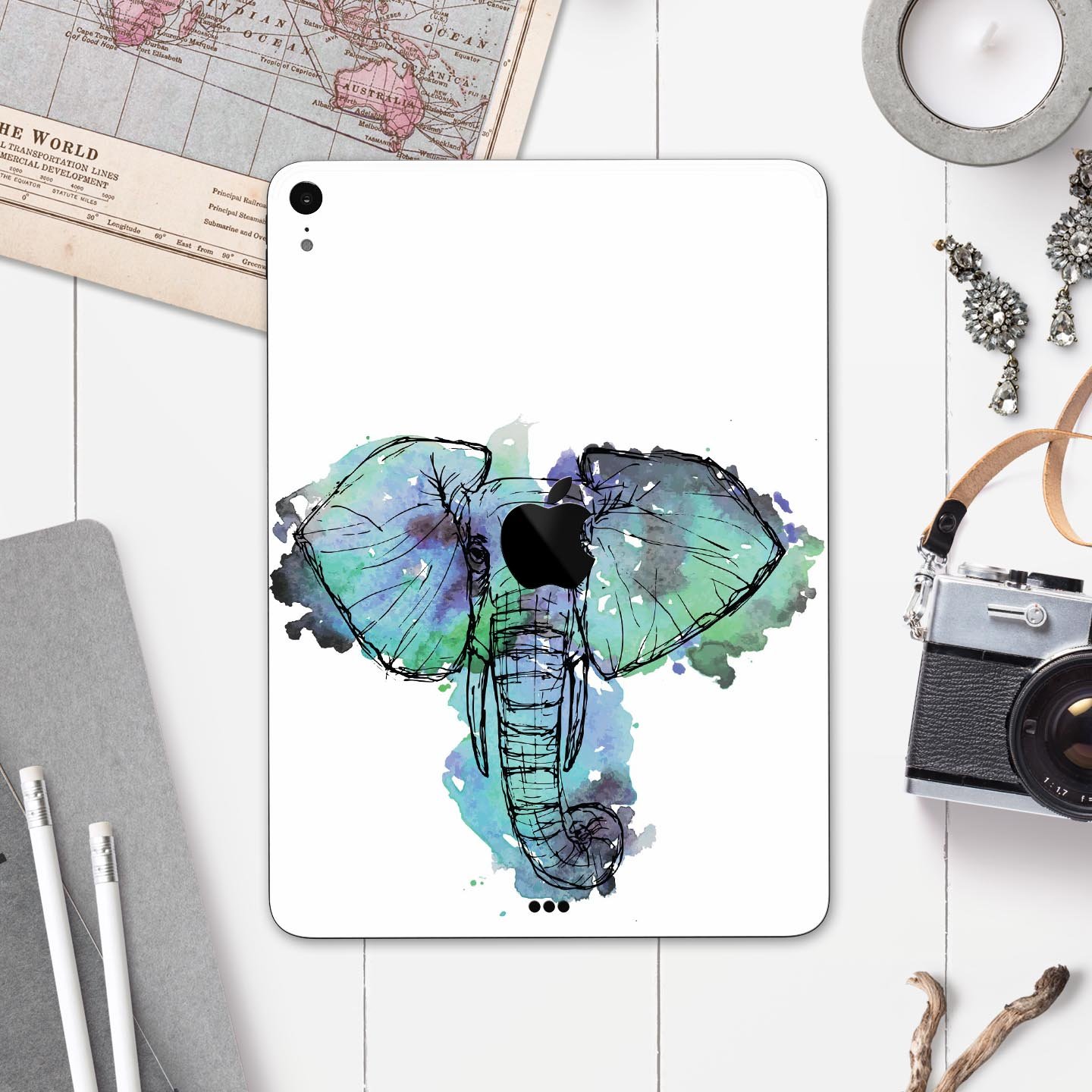 African Sketch Elephant skin decal for Apple iPad Pro, showcasing intricate elephant artwork on a protective layer.