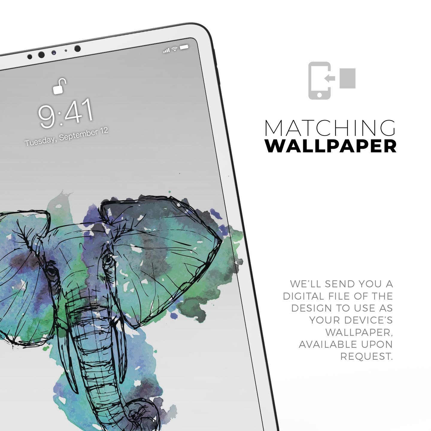 African Sketch Elephant skin decal for Apple iPad Pro, showcasing intricate elephant artwork on a protective layer.