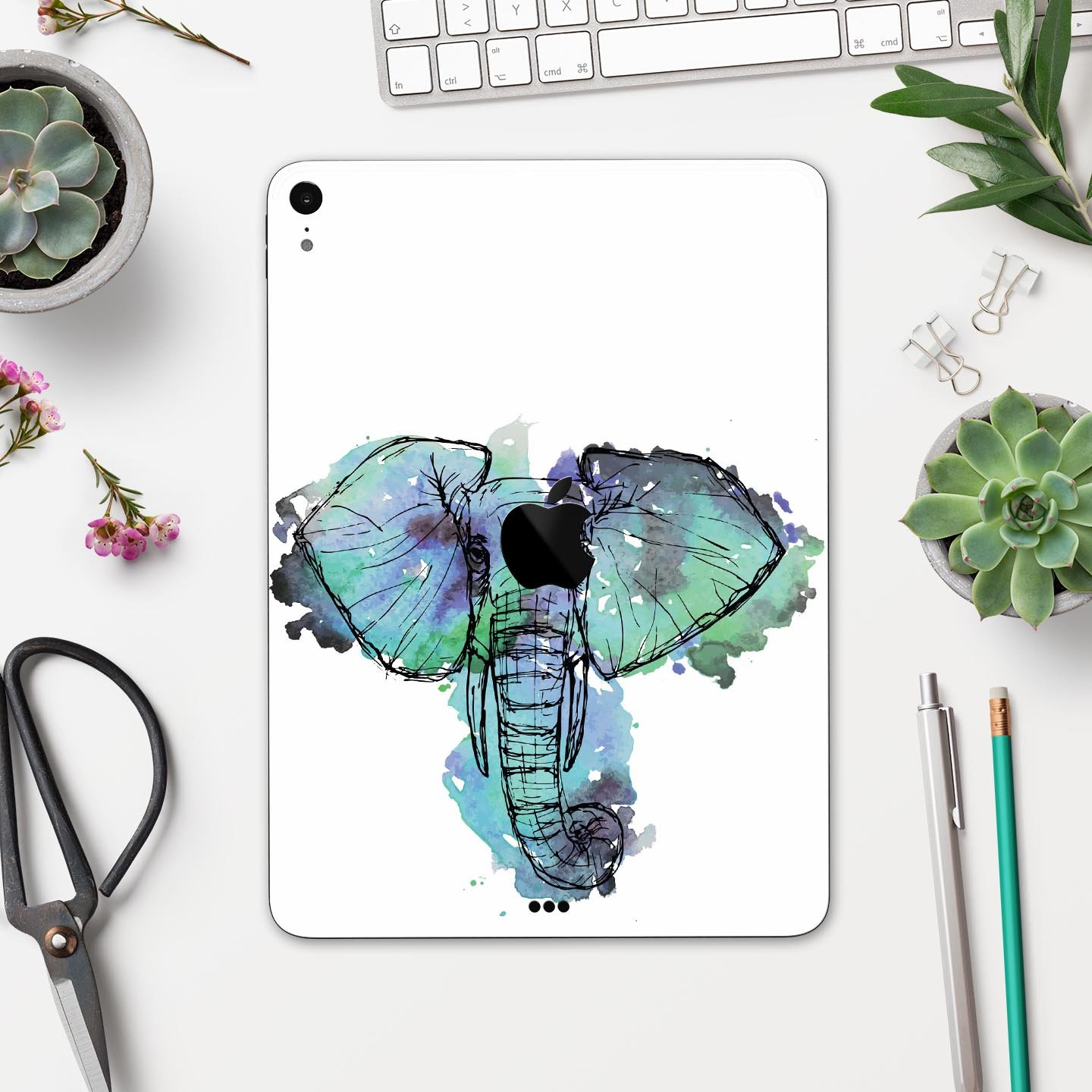 African Sketch Elephant skin decal for Apple iPad Pro, showcasing intricate elephant artwork on a protective layer.
