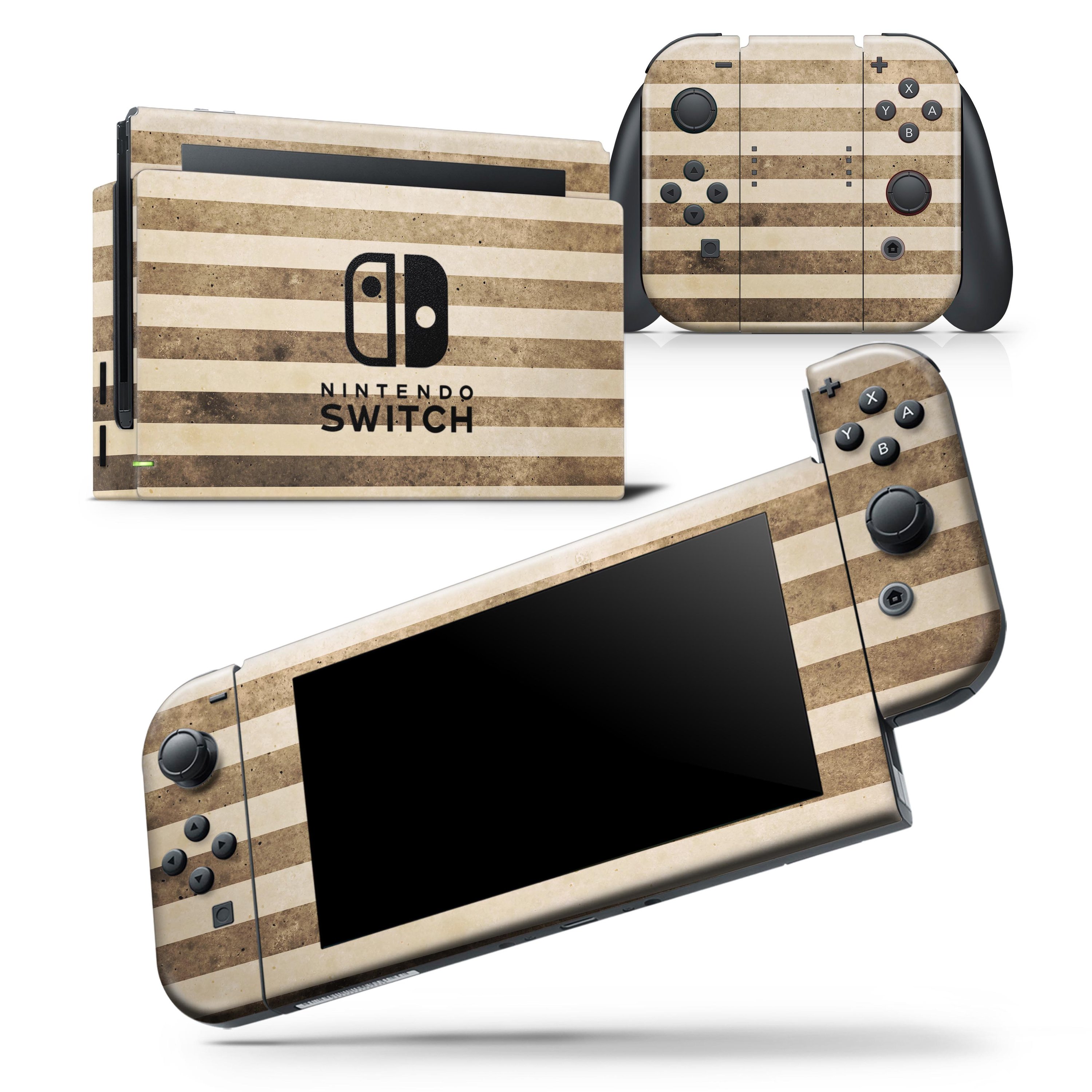 Aged Brown and Grunge Vertical Stripes skin wrap decal for Nintendo Switch, showcasing a stylish design that fits snugly on the console and controllers.
