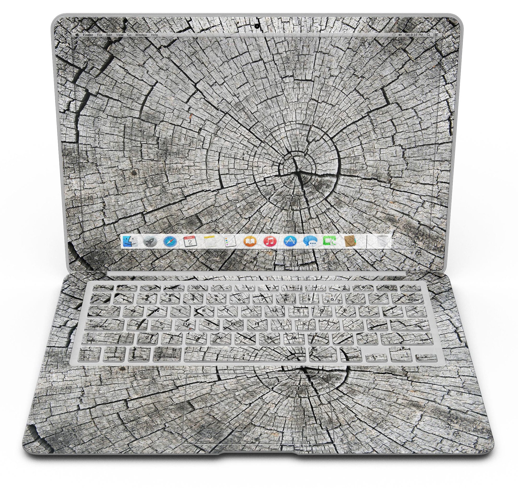 Aged Cracked Tree Stump Core skin applied on a MacBook Air, showcasing its unique design and texture.