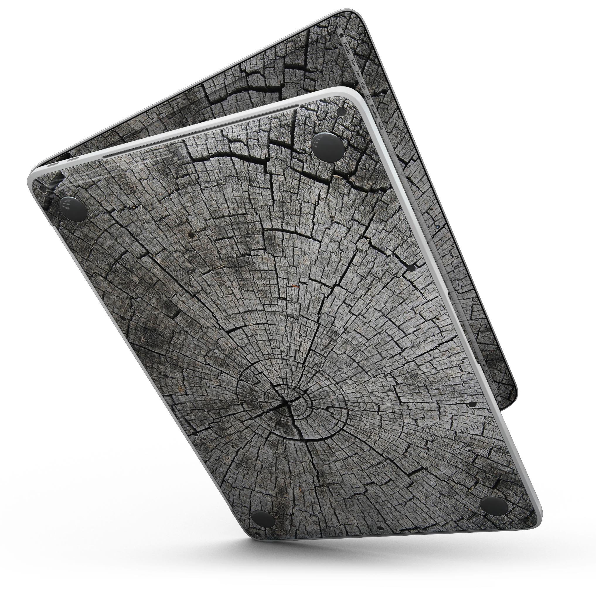 Aged Cracked Tree Stump Core Skin Kit for MacBook Pro with Touch Bar, showcasing a stylish design and premium vinyl material.