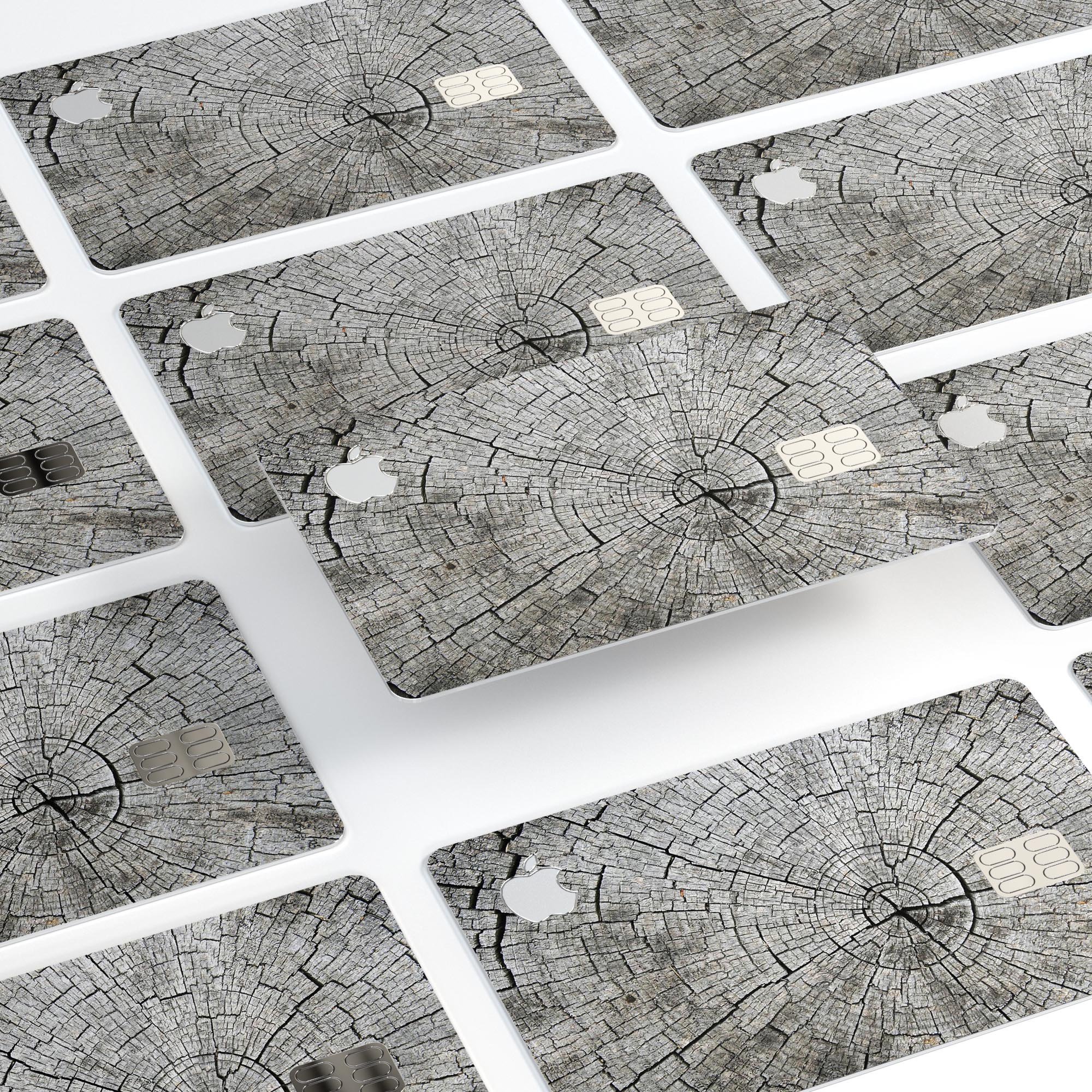 Aged Cracked Tree Stump Core decal skin applied to an Apple Card, showcasing its unique design and protective features.