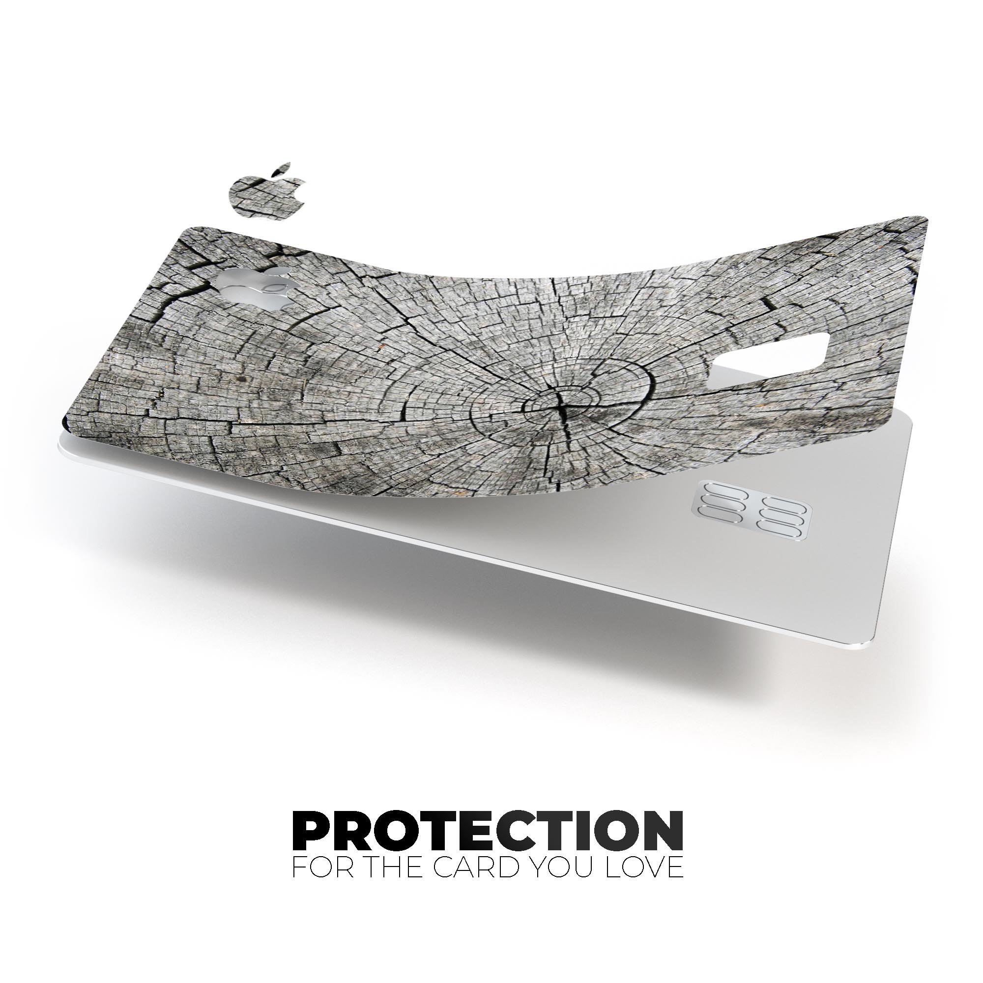 Aged Cracked Tree Stump Core decal skin applied to an Apple Card, showcasing its unique design and protective features.