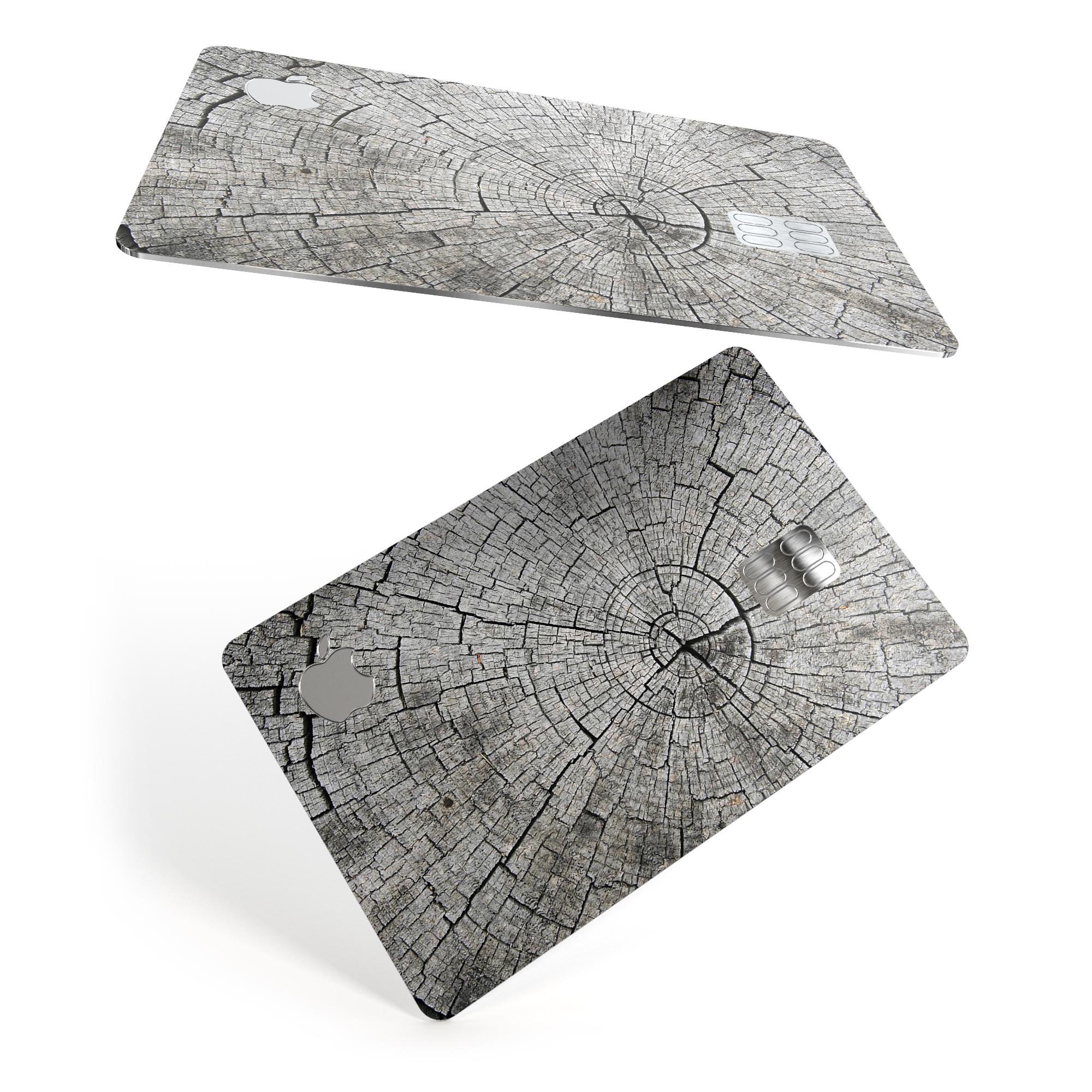 Aged Cracked Tree Stump Core decal skin applied to an Apple Card, showcasing its unique design and protective features.