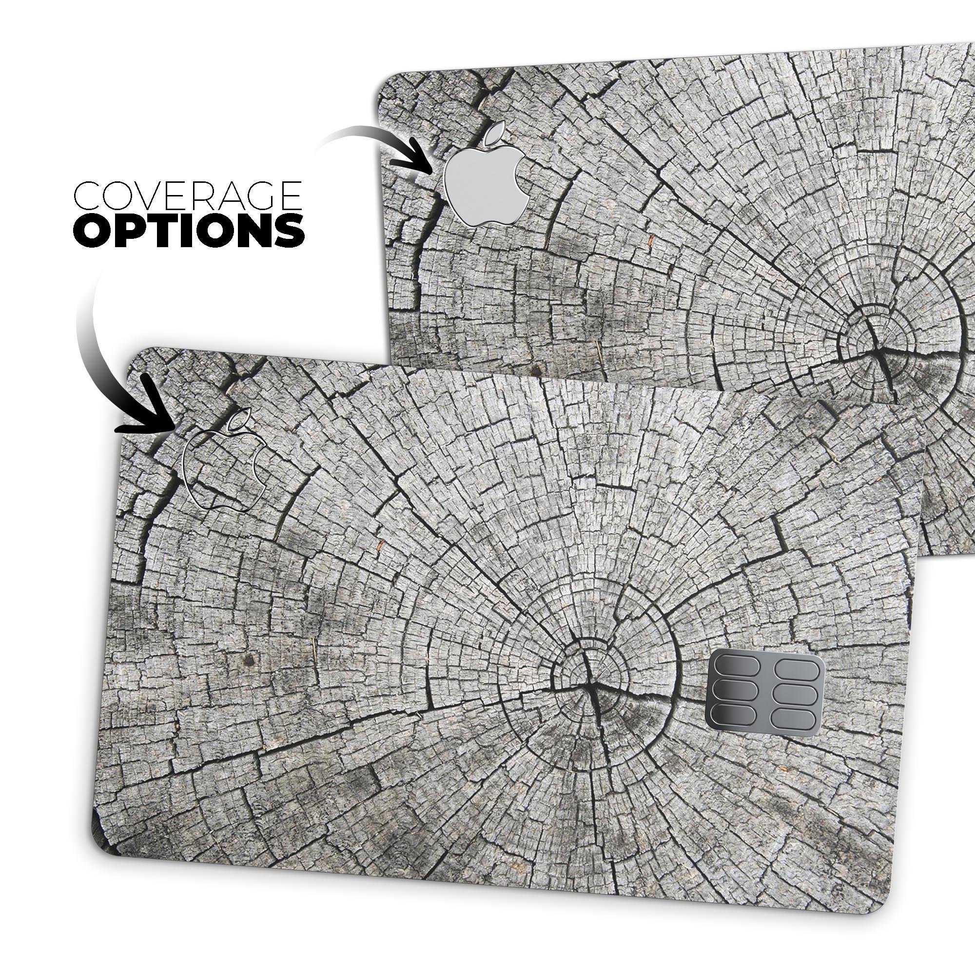 Aged Cracked Tree Stump Core decal skin applied to an Apple Card, showcasing its unique design and protective features.
