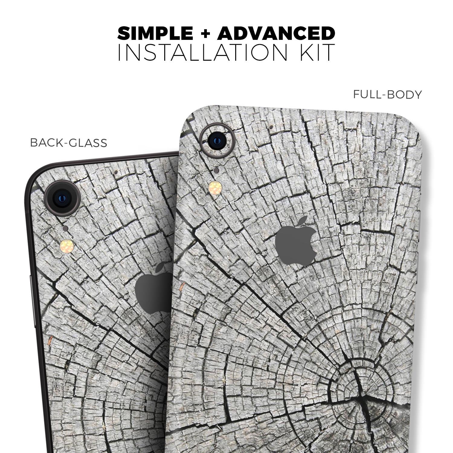 Aged Cracked Tree Stump Core Skin-Kit for Apple iPhone XR and XS, showcasing its unique design and texture.