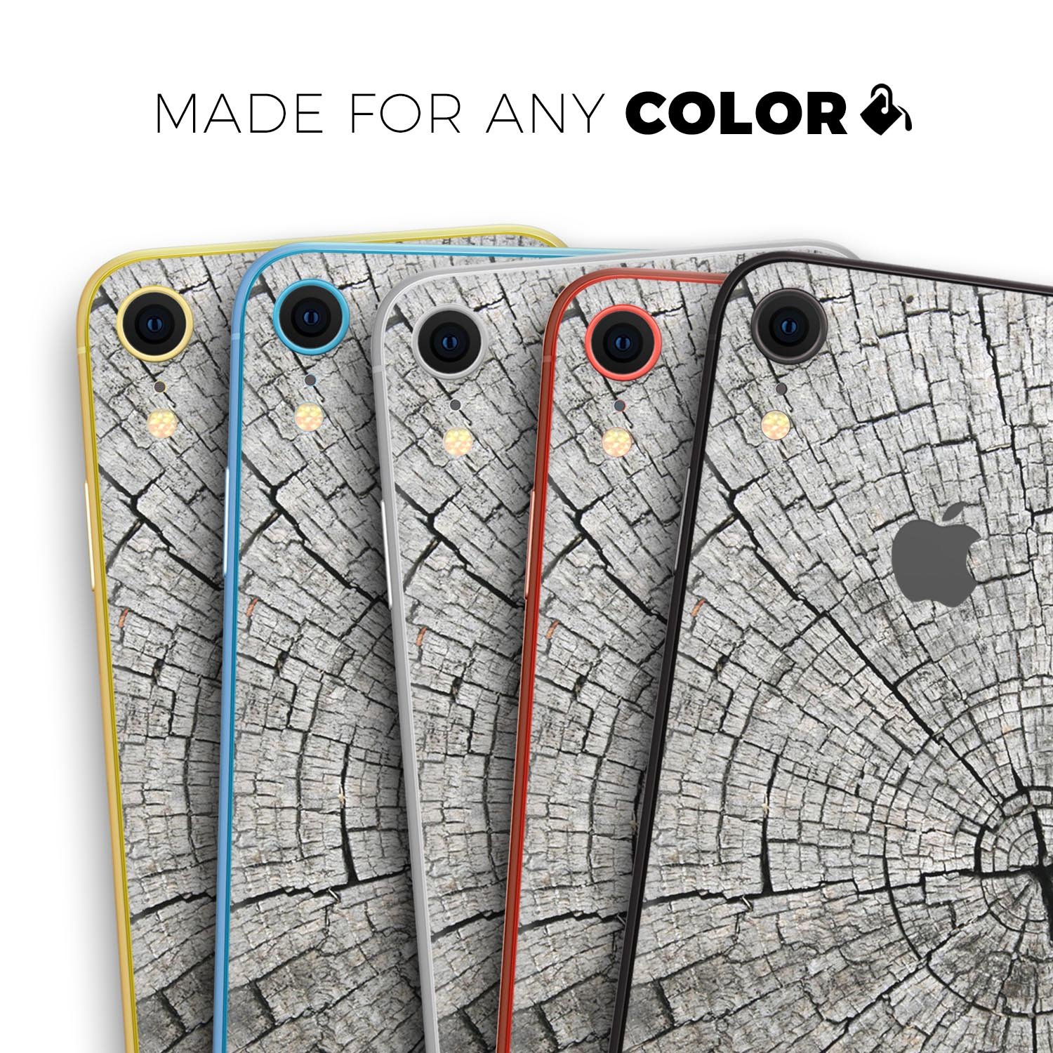 Aged Cracked Tree Stump Core Skin-Kit for Apple iPhone XR and XS, showcasing its unique design and texture.