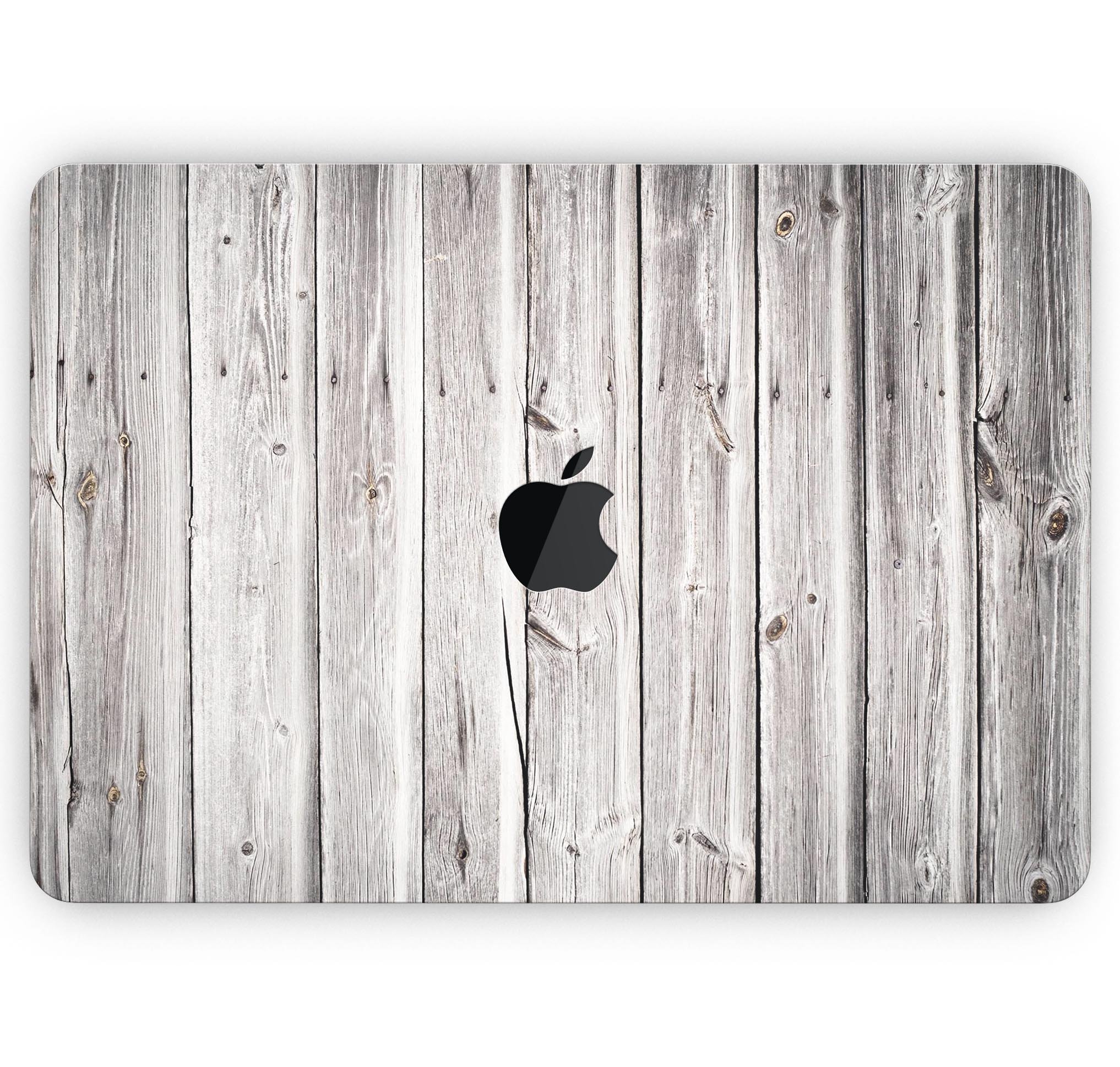 Aged White Wood Planks skin decal wrap kit for MacBook, showcasing a stylish wood texture design.