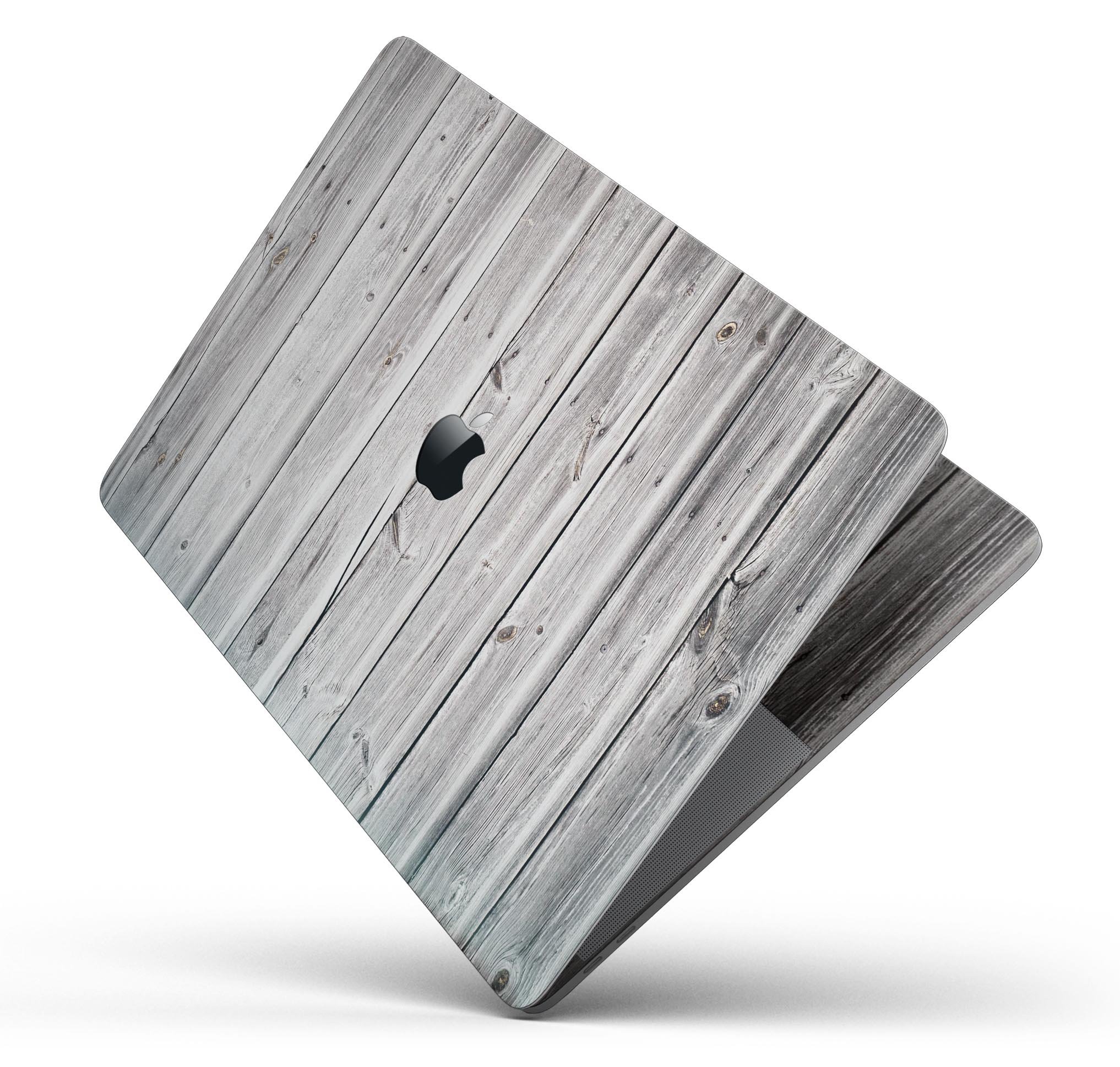 Aged White Wood Planks skin decal wrap kit for MacBook, showcasing a stylish wood texture design.