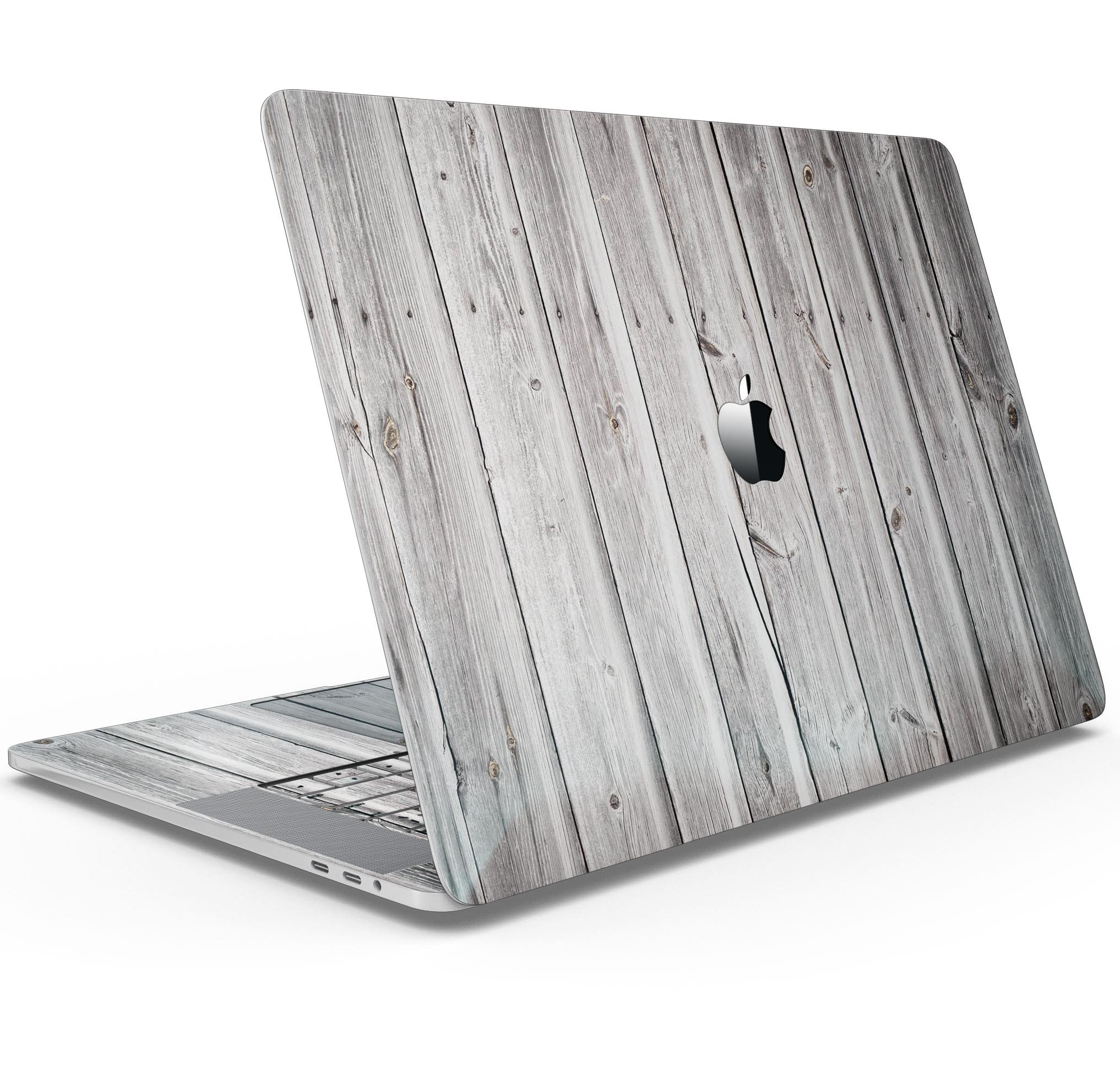 Aged White Wood Planks skin decal wrap kit for MacBook, showcasing a stylish wood texture design.