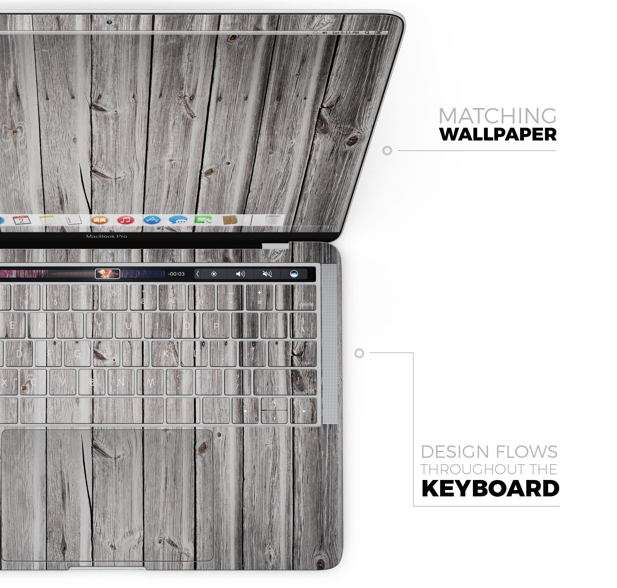 Aged White Wood Planks skin decal wrap kit for MacBook, showcasing a stylish wood texture design.