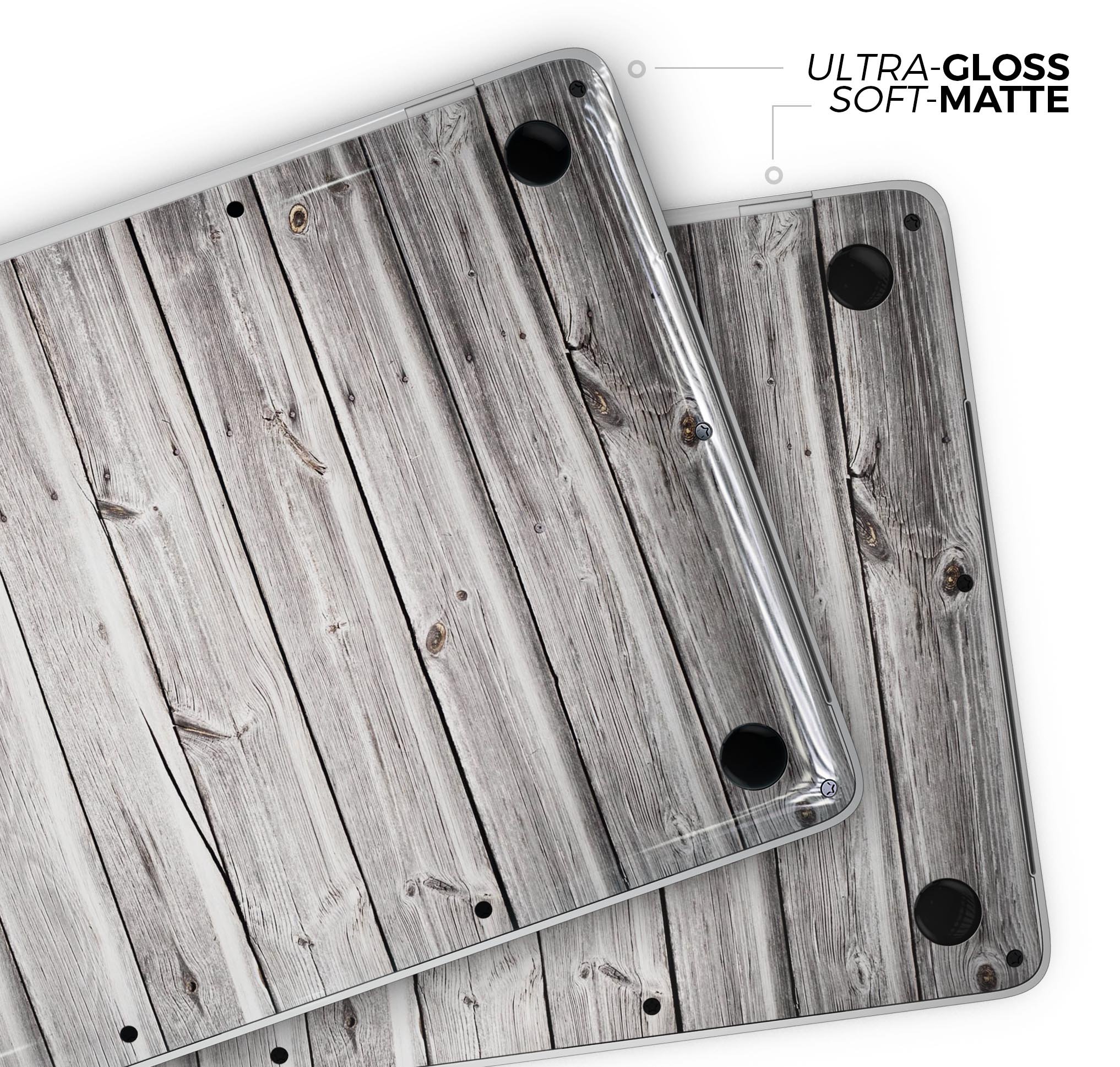 Aged White Wood Planks skin decal wrap kit for MacBook, showcasing a stylish wood texture design.