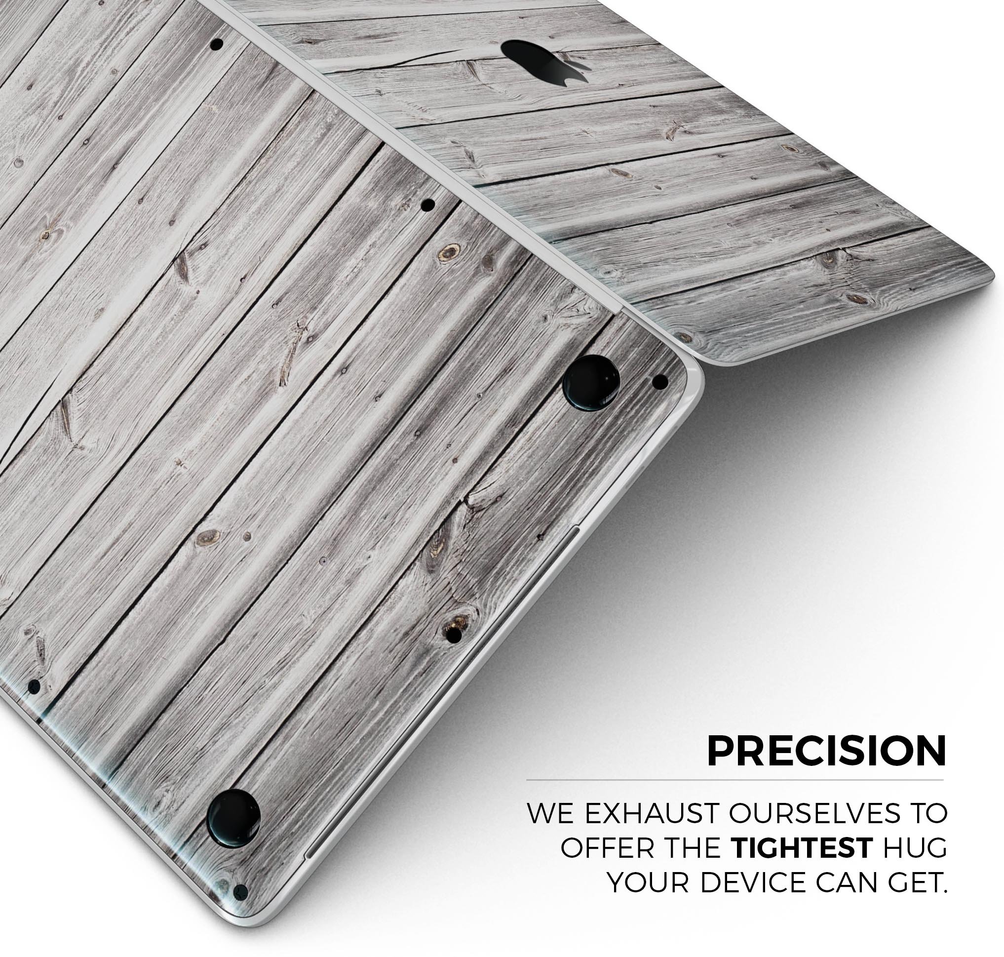 Aged White Wood Planks skin decal wrap kit for MacBook, showcasing a stylish wood texture design.