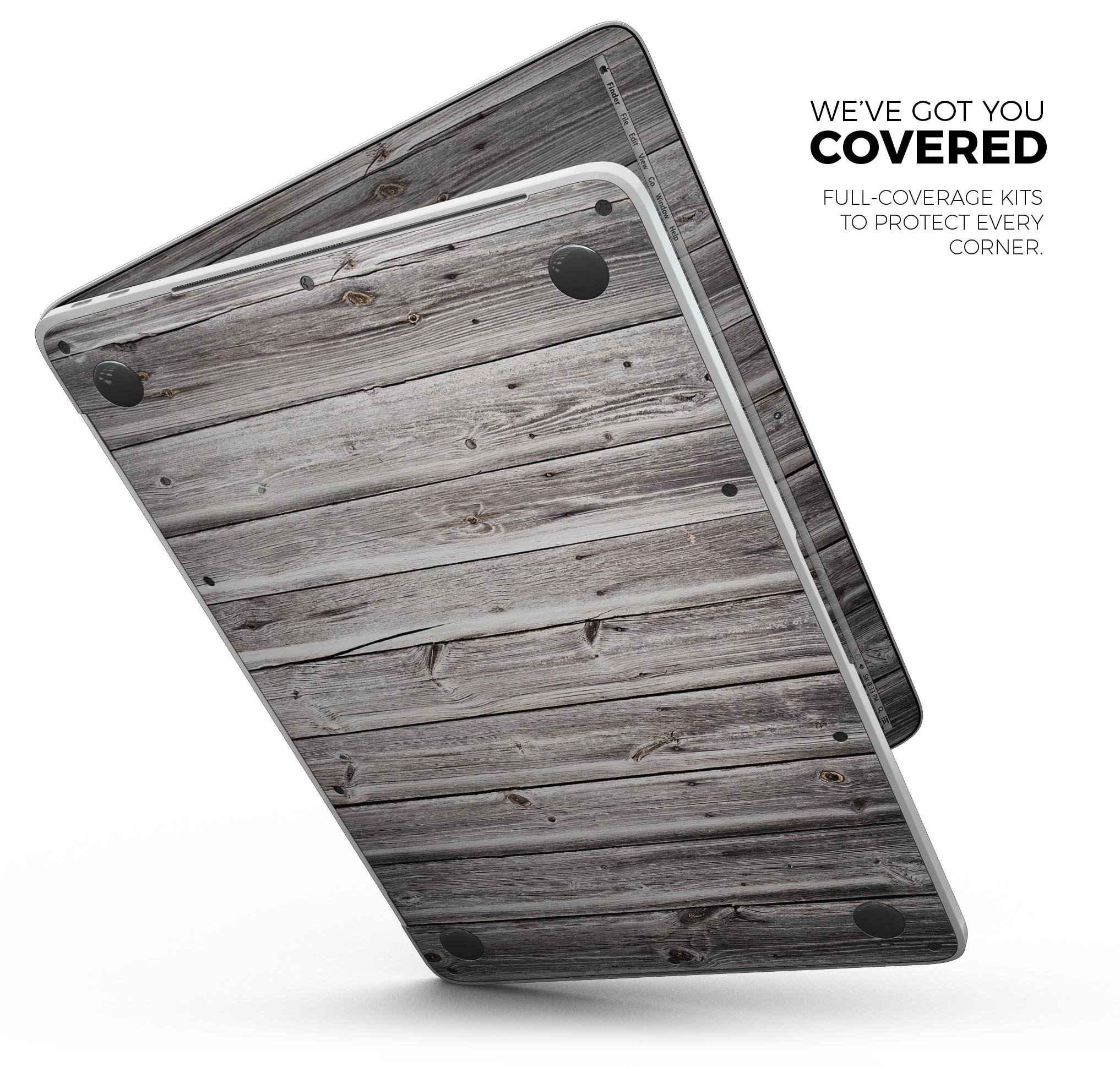 Aged White Wood Planks skin decal wrap kit for MacBook, showcasing a stylish wood texture design.