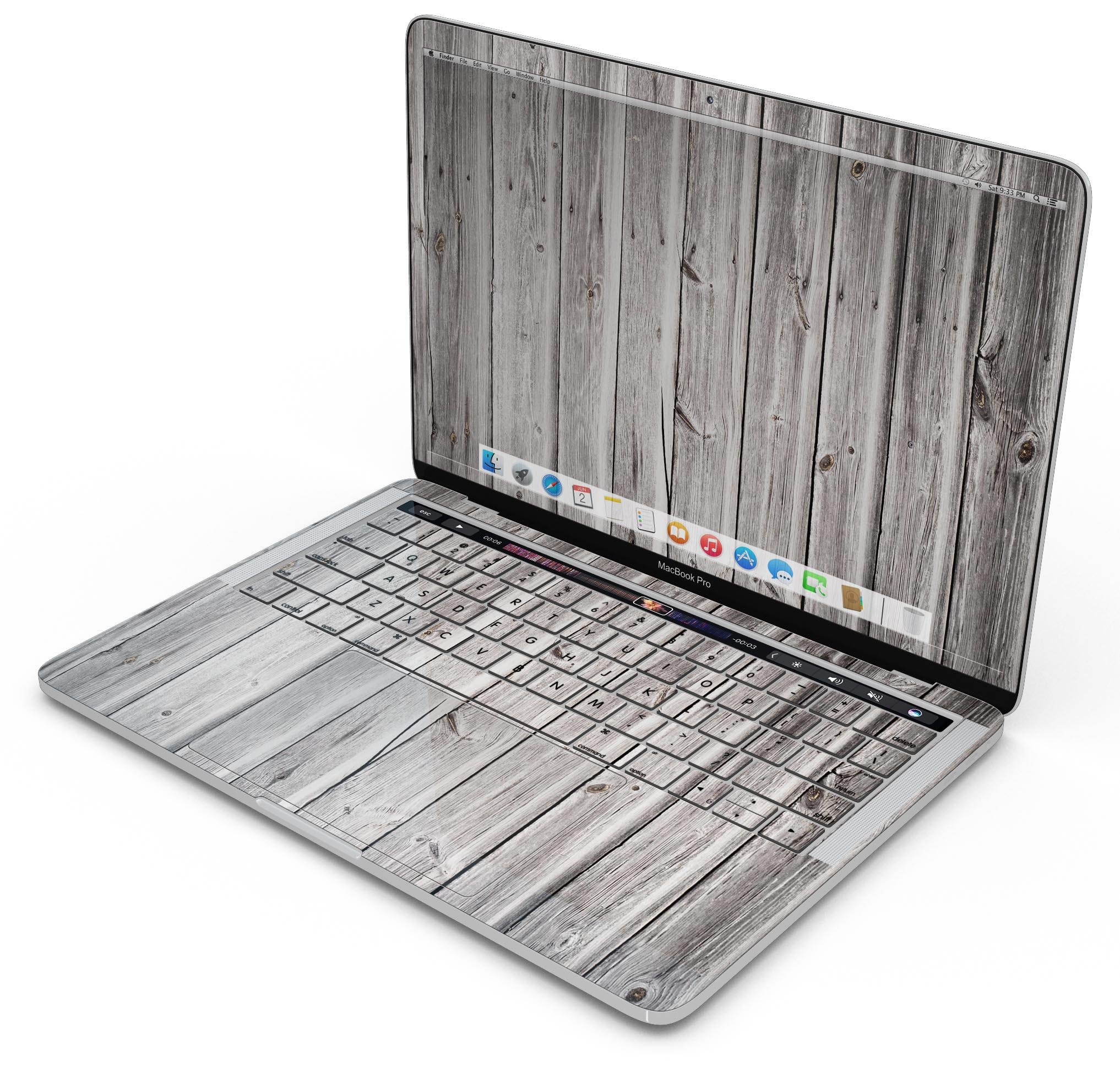 Aged White Wood Planks skin decal wrap kit for MacBook, showcasing a stylish wood texture design.