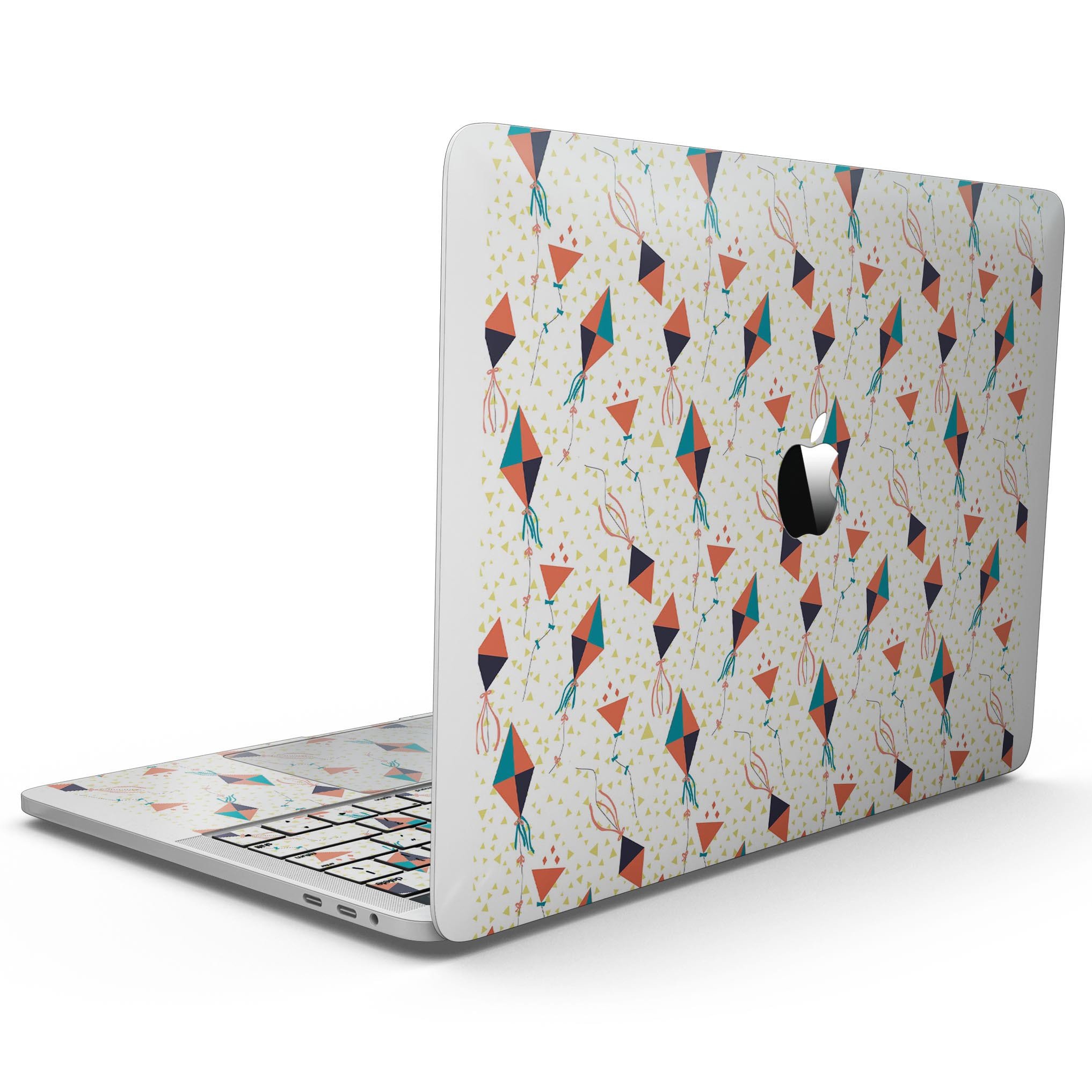 Colorful All Over Flying Kites Pattern skin for 13" MacBook Pro without Touch Bar, showcasing vibrant kites against a sleek background.