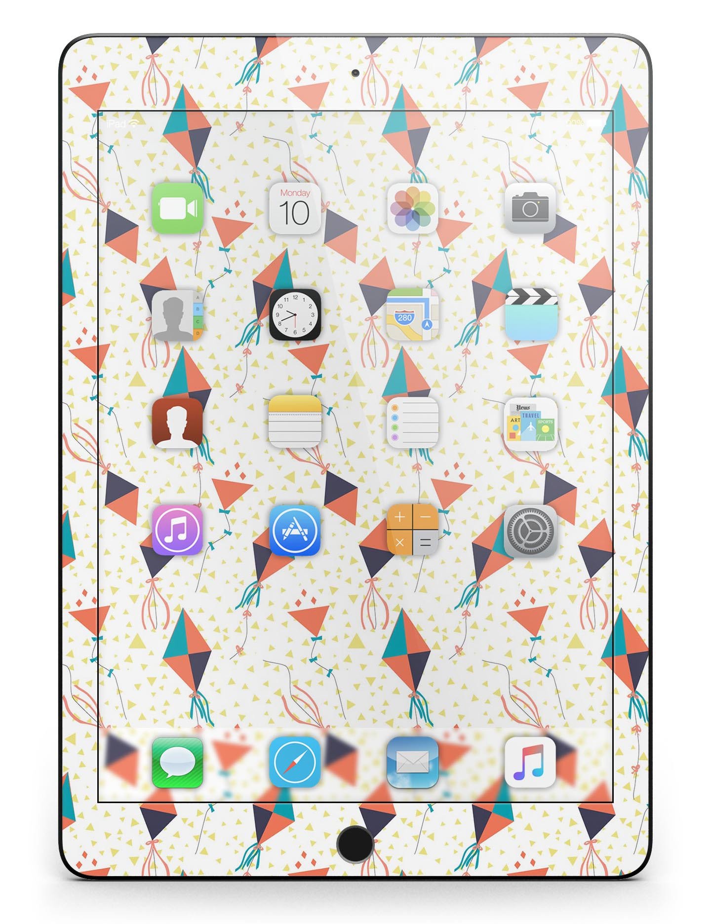 All Over Flying Kites Pattern Full Body Skin for iPad Pro, showcasing vibrant kite designs on a sleek vinyl surface.