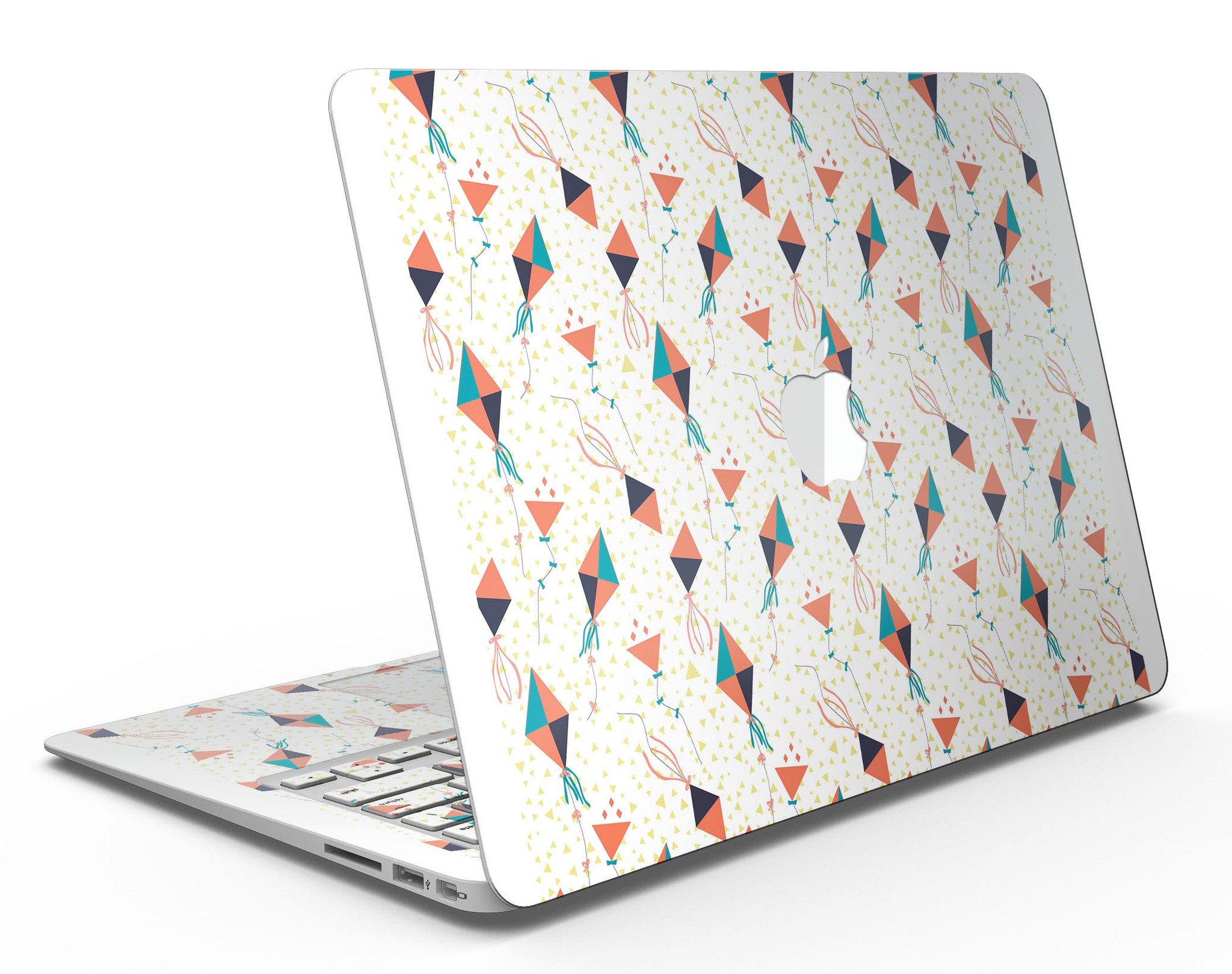 All Over Flying Kites Pattern MacBook Air Skin Kit showcasing vibrant kite designs on a sleek vinyl surface.