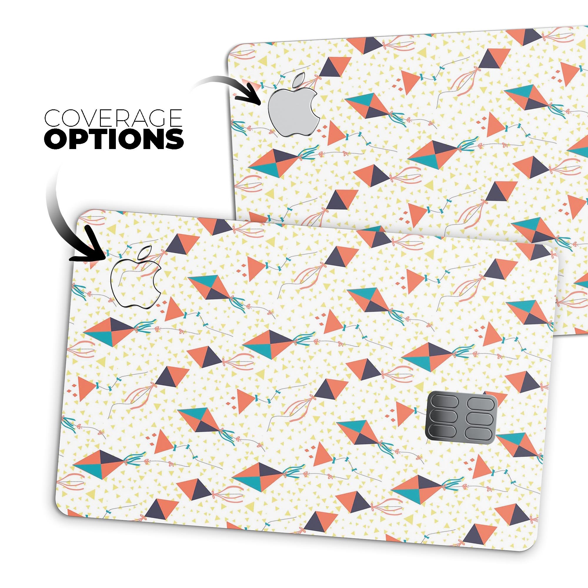 All Over Flying Kites Pattern decal skin for Apple Card, showcasing vibrant colors and a protective design.