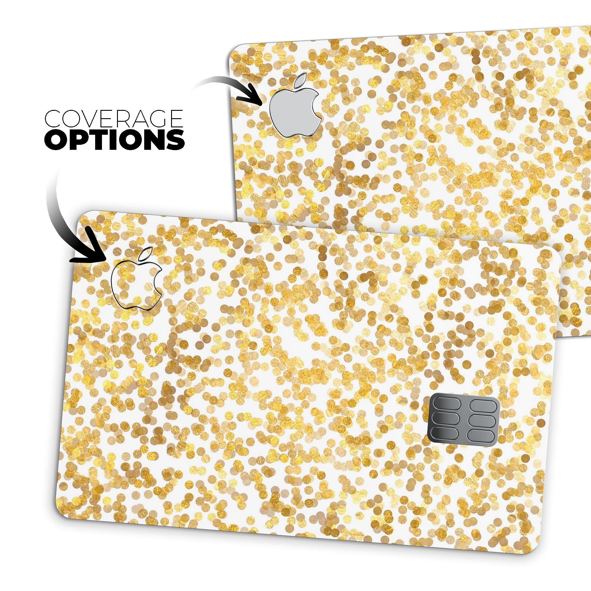 Premium protective decal for Apple Card featuring scattered golden micro dots, showcasing elegance and durability.