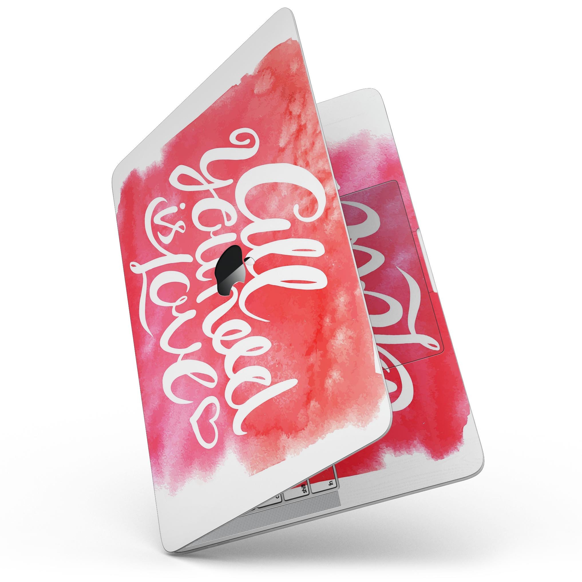 Colorful 'All You Need is Love' skin kit for a 13-inch MacBook Pro without Touch Bar, showcasing vibrant design and premium vinyl material.