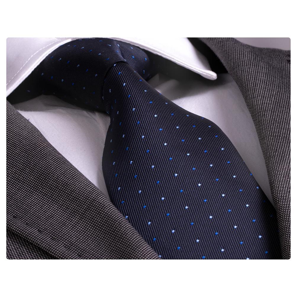 Amedeo Exclusive Men's Fashion Blue Tones Polka Dot Silk Neck Tie displayed elegantly, showcasing its luxurious silk fabric and sophisticated polka dot design.