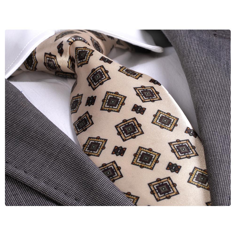 Amedeo Exclusive Men's Fashion Cream Check Silk Necktie with Turquoise accents, elegantly displayed in a gift box.