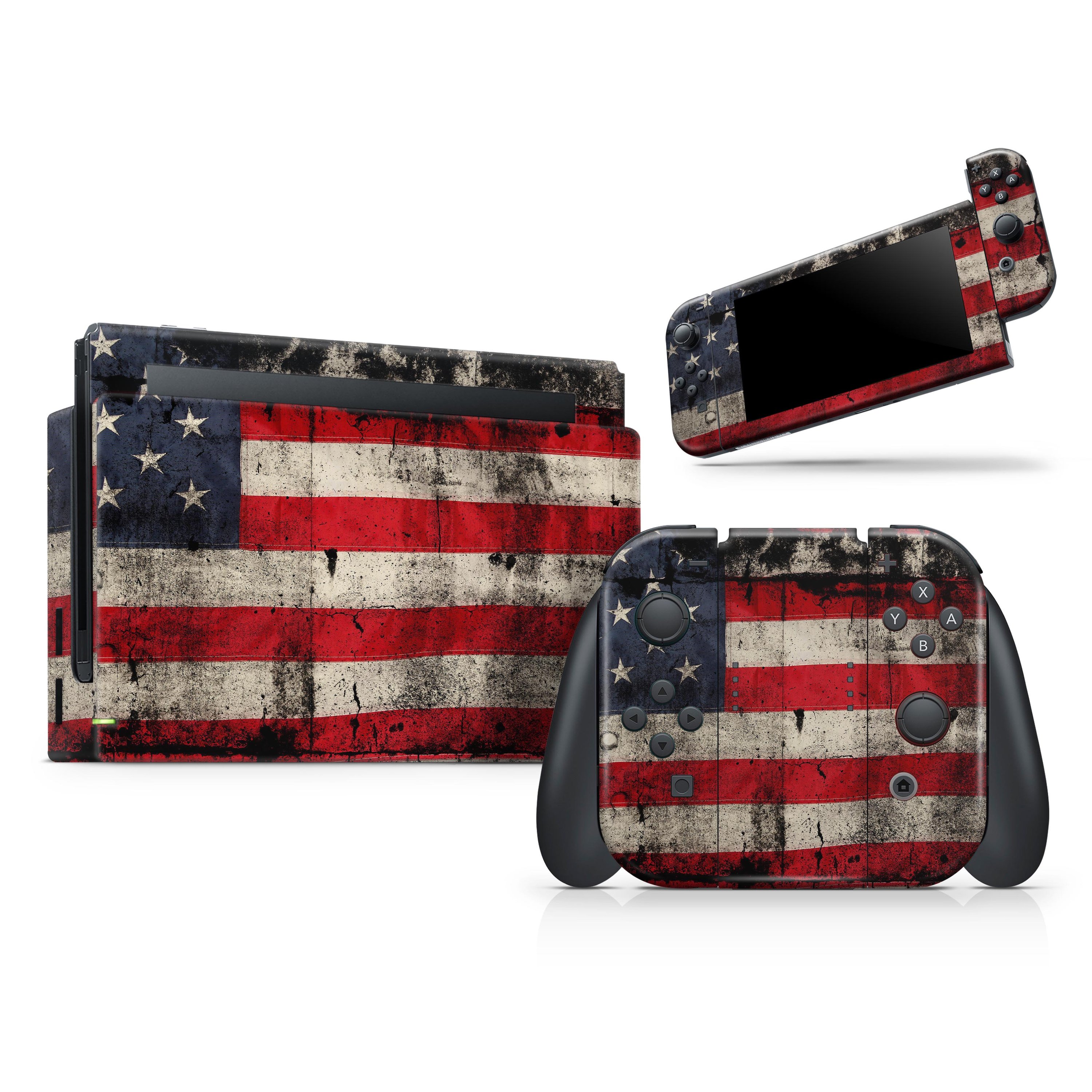 American Distressed Flag Panel skin decal wrap for Nintendo Switch, showcasing a vibrant design with a matte finish.