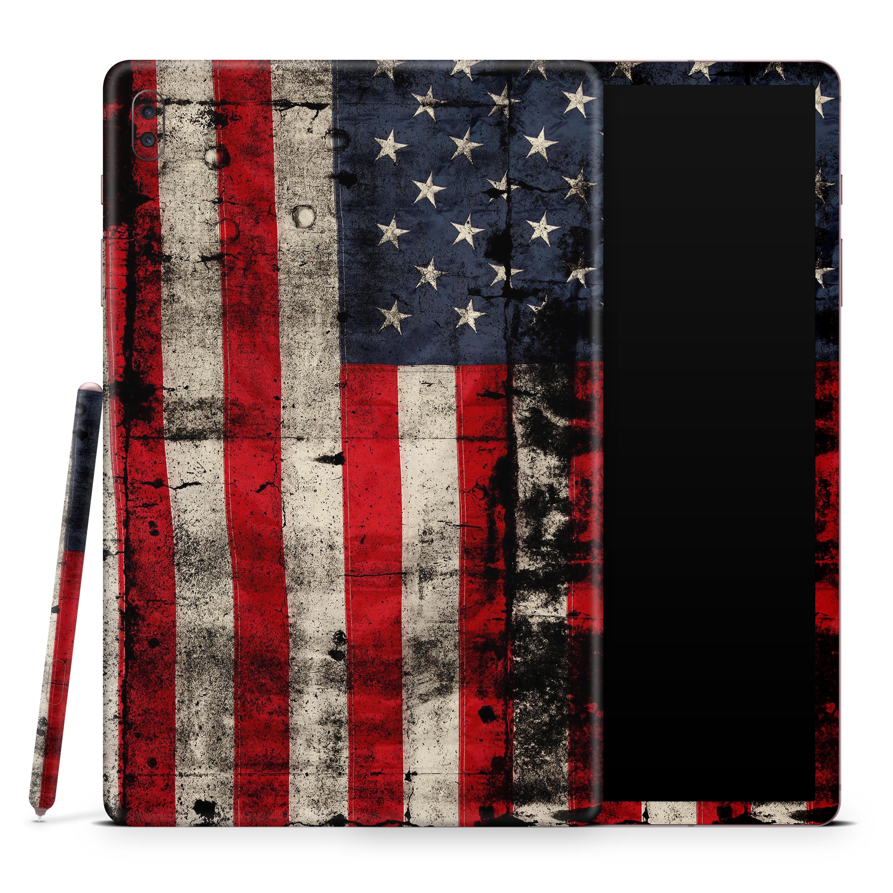 American Distressed Flag Panel skin decal wrap kit for Samsung Galaxy tablets, showcasing a vibrant flag design with a matte finish.