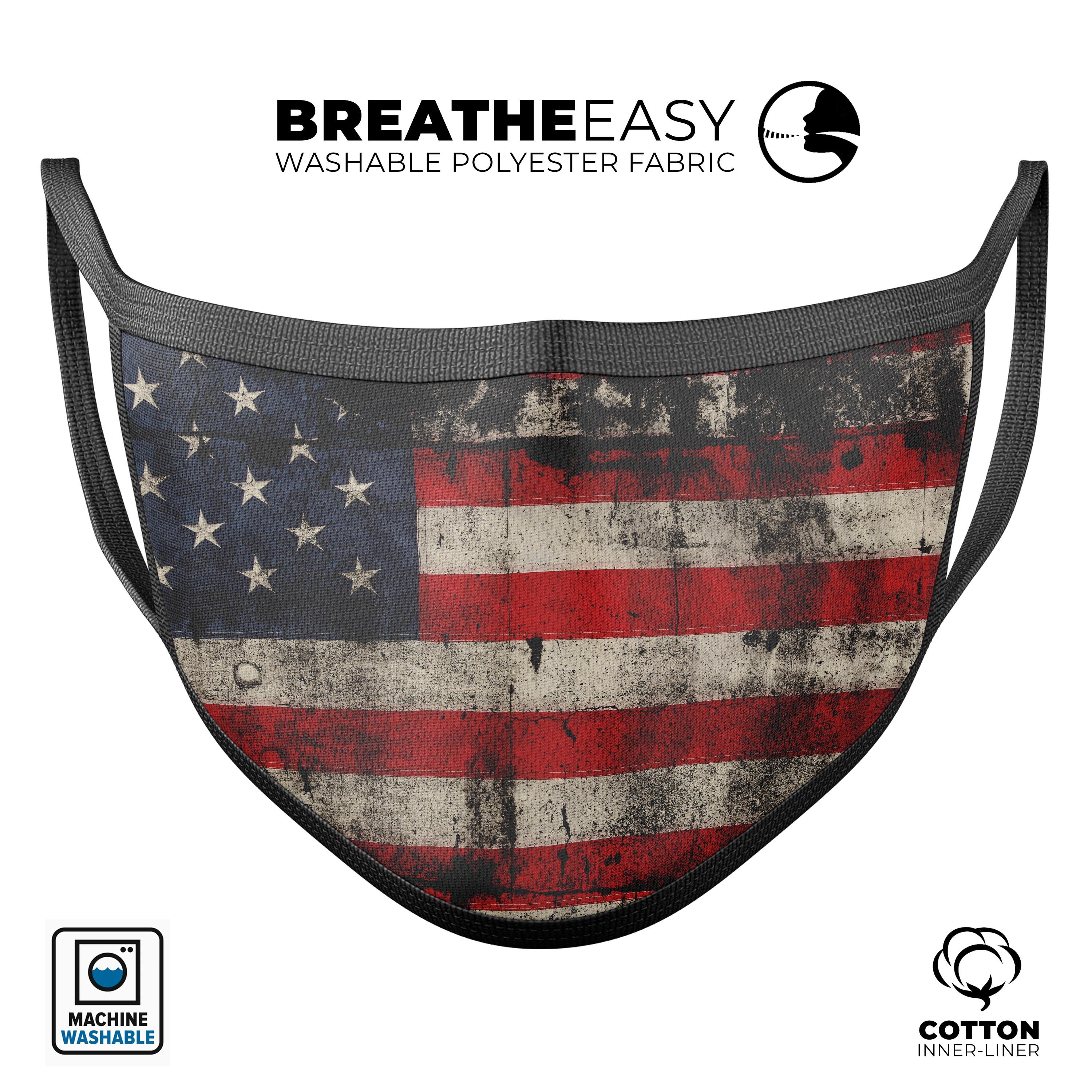 American Distressed Flag Panel mouth cover, featuring a vibrant flag design, adjustable ear loops, and made from soft cotton for comfort.