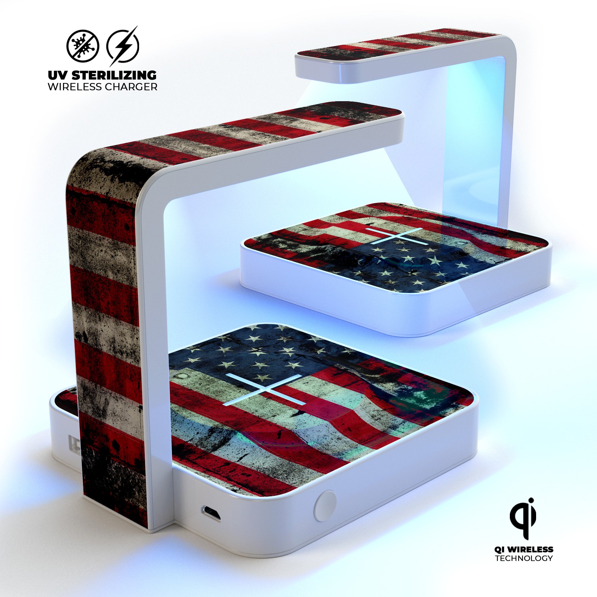 American Distressed Flag UV Germicidal Sanitizing Charger with wireless charging capabilities and decorative skin kit.