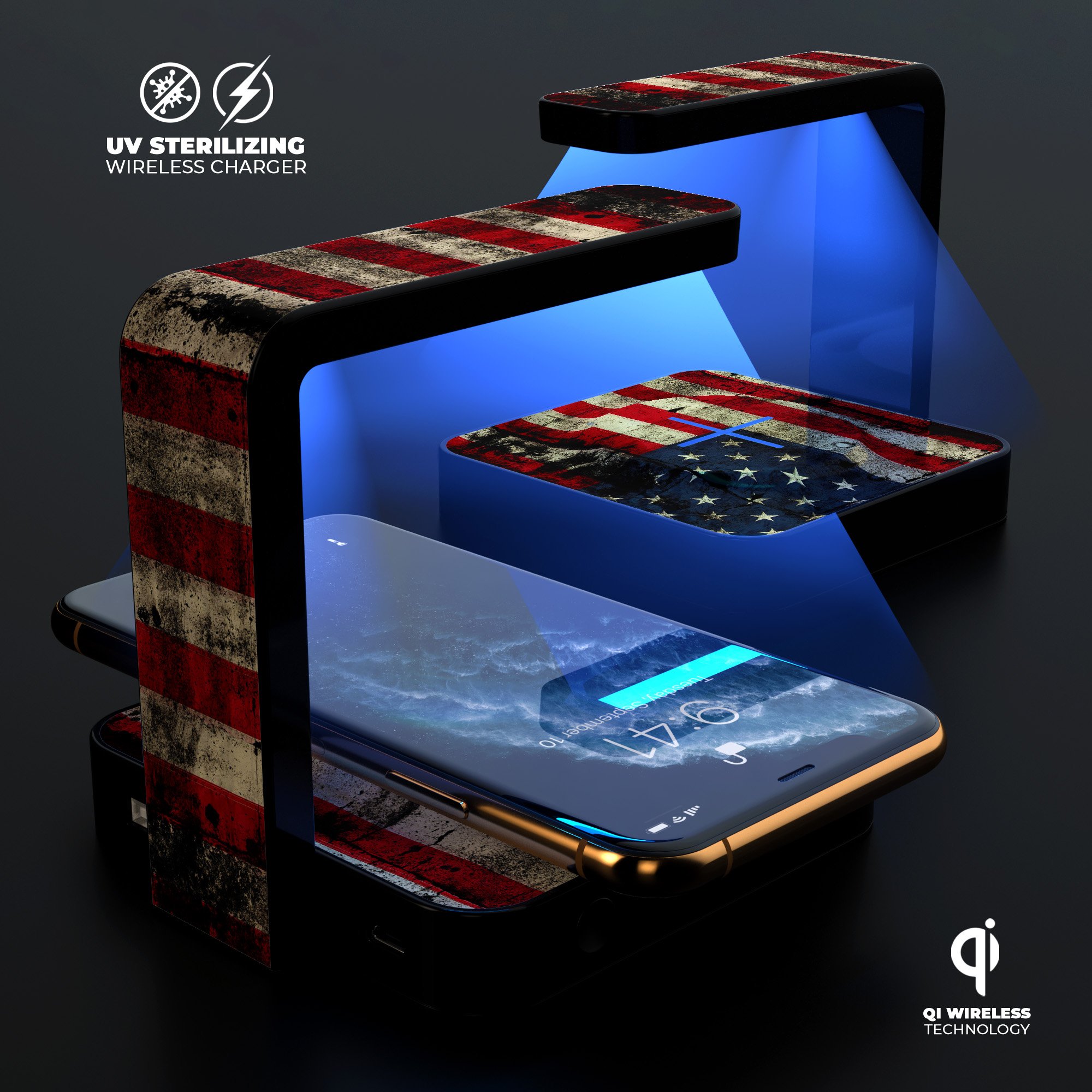 American Distressed Flag UV Germicidal Sanitizing Charger with wireless charging capabilities and decorative skin kit.