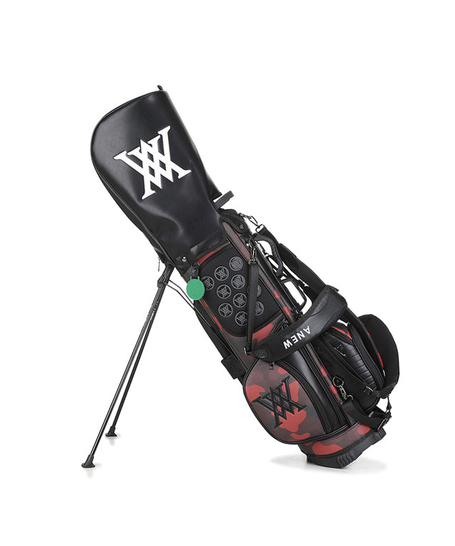 ANEW Golf Indie Camo Stand Bag in Red featuring a unique polar camo pattern and durable faux leather material.