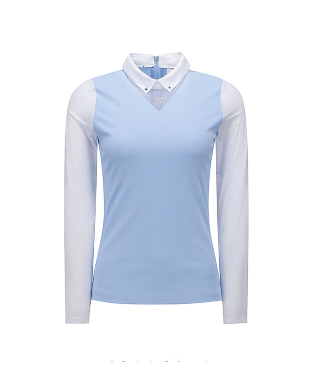 ANEW Golf W Triangle Mesh Block Long T-Shirt in S/Blue, featuring a slim fit, mesh detailing, and padded cooling sleeves.