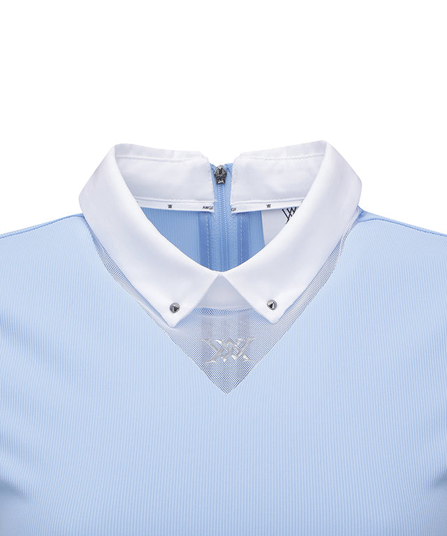 ANEW Golf W Triangle Mesh Block Long T-Shirt in S/Blue, featuring a slim fit, mesh detailing, and padded cooling sleeves.