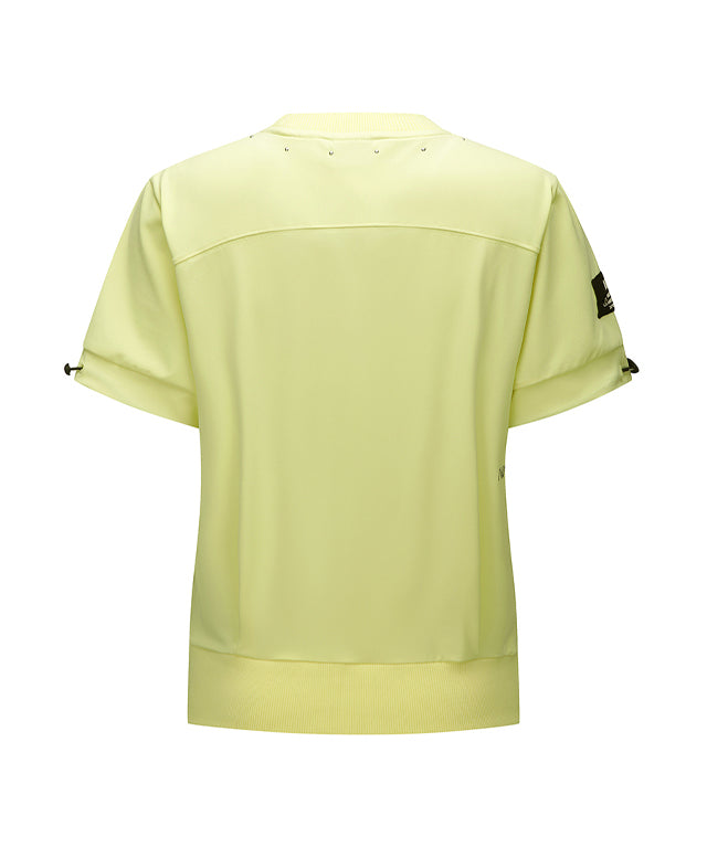 Yellow ANEW Golf Women's Beads Point Crop Short Sleeve T-Shirt with unique bead design and adjustable sleeves.