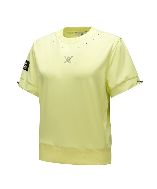 Yellow ANEW Golf Women's Beads Point Crop Short Sleeve T-Shirt with unique bead design and adjustable sleeves.