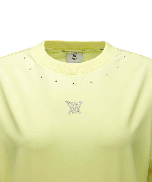 Yellow ANEW Golf Women's Beads Point Crop Short Sleeve T-Shirt with unique bead design and adjustable sleeves.