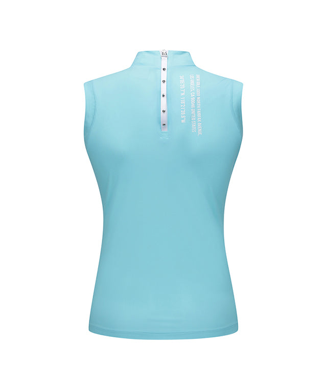 Light green sleeveless T-shirt for women with front logo and point collar, designed for golf with UV protection and breathability.