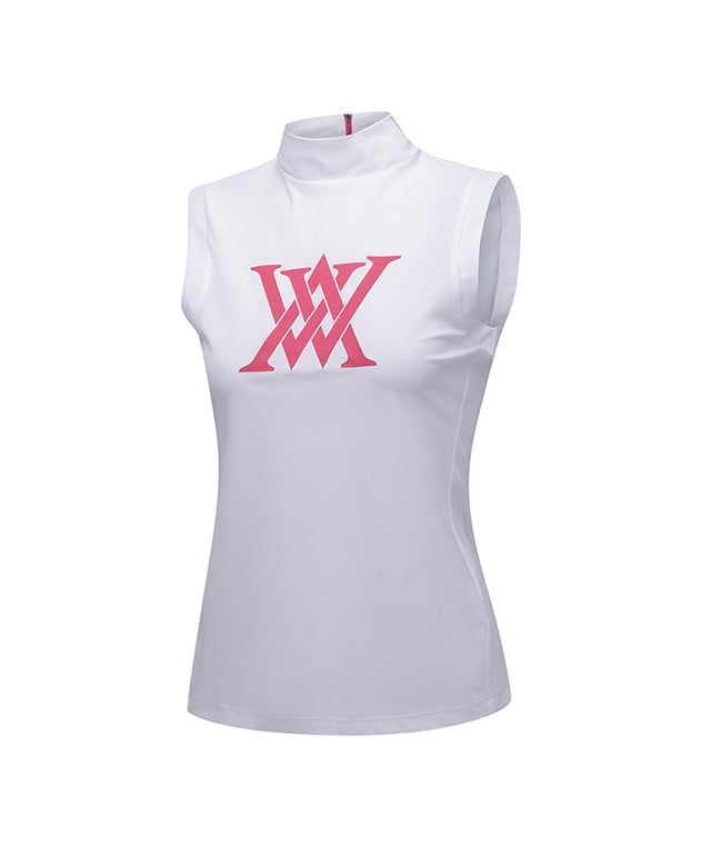 ANEW Golf Women's Front Logo Point Sleeveless T-shirt in White, featuring a high neck design and logo detail.
