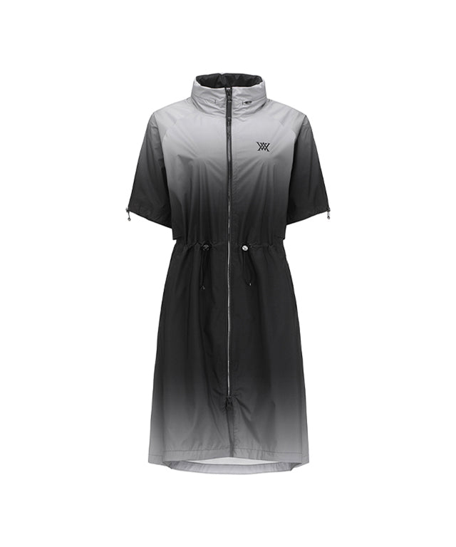 ANEW Golf Women's Gradation Long Rain Jacket in Black, featuring detachable sleeves and a stylish design.