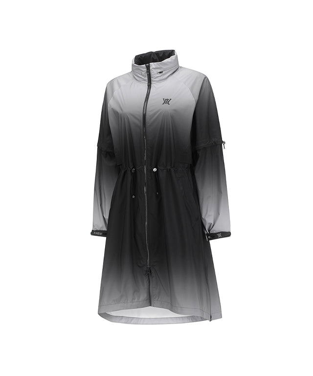ANEW Golf Women's Gradation Long Rain Jacket in Black, featuring detachable sleeves and a stylish design.