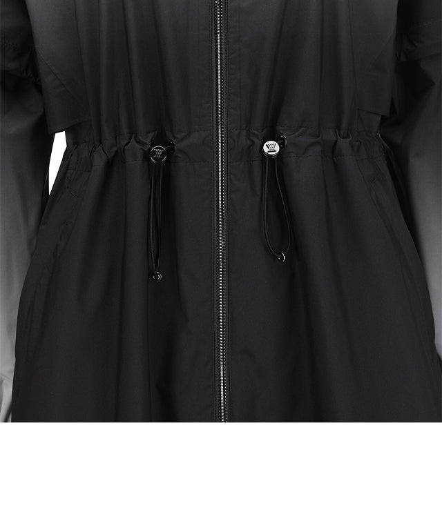 ANEW Golf Women's Gradation Long Rain Jacket in Black, featuring detachable sleeves and a stylish design.