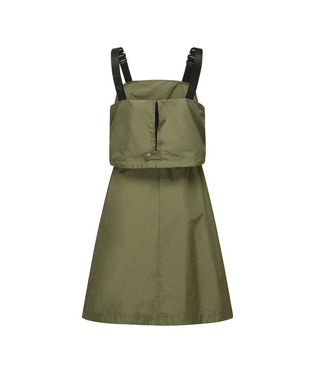 ANEW Golf Women Shoulder Control Band Flaer Lon in Khaki, showcasing adjustable suspender-style design and wide flare bottom.