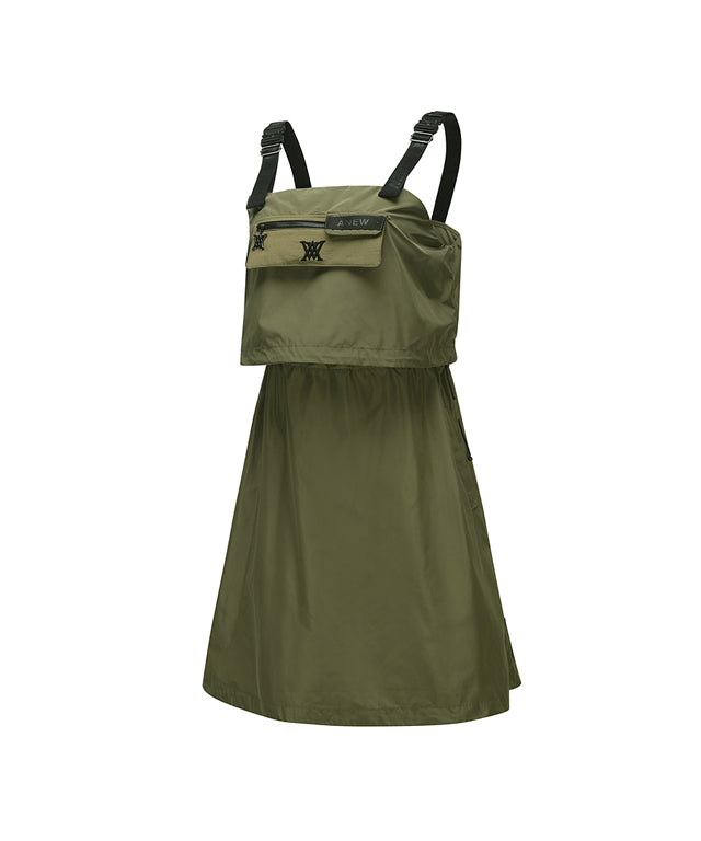 ANEW Golf Women Shoulder Control Band Flaer Lon in Khaki, showcasing adjustable suspender-style design and wide flare bottom.